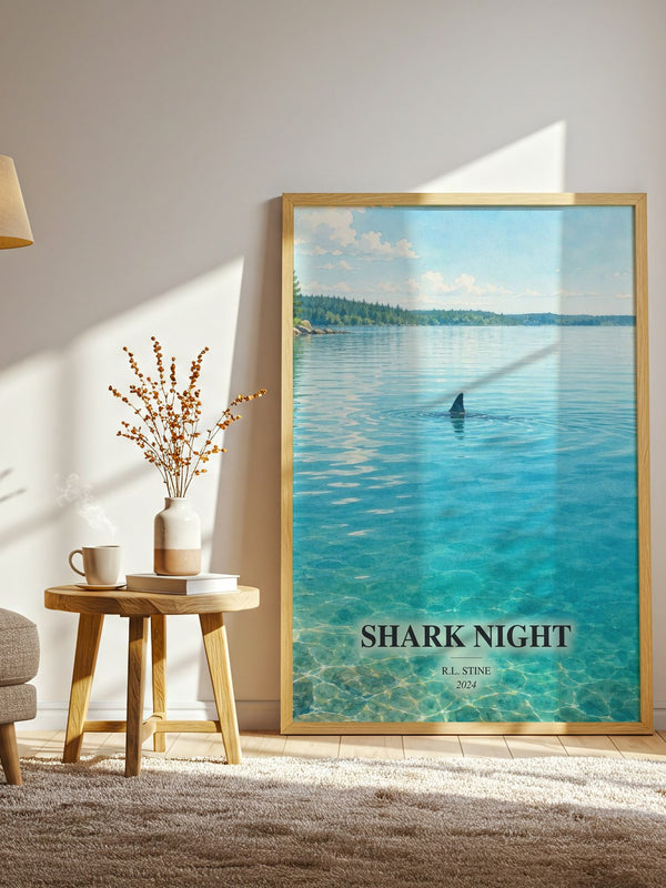 Shark Night watercolour print in frame leaning in hallway – horror wall art