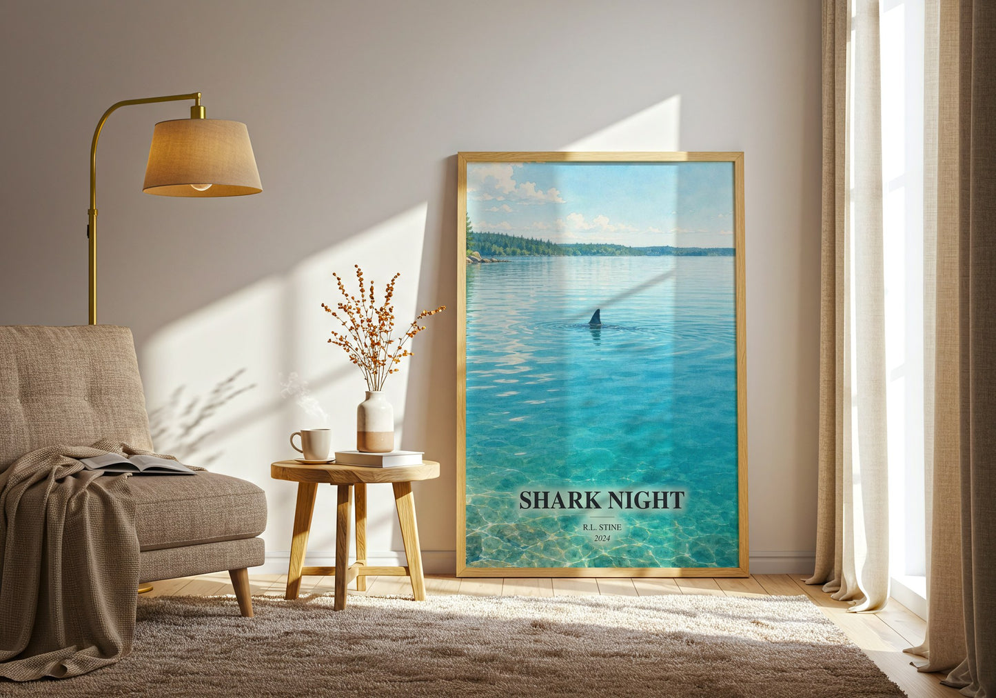 Shark Night watercolour print in frame leaning in hallway – horror wall art