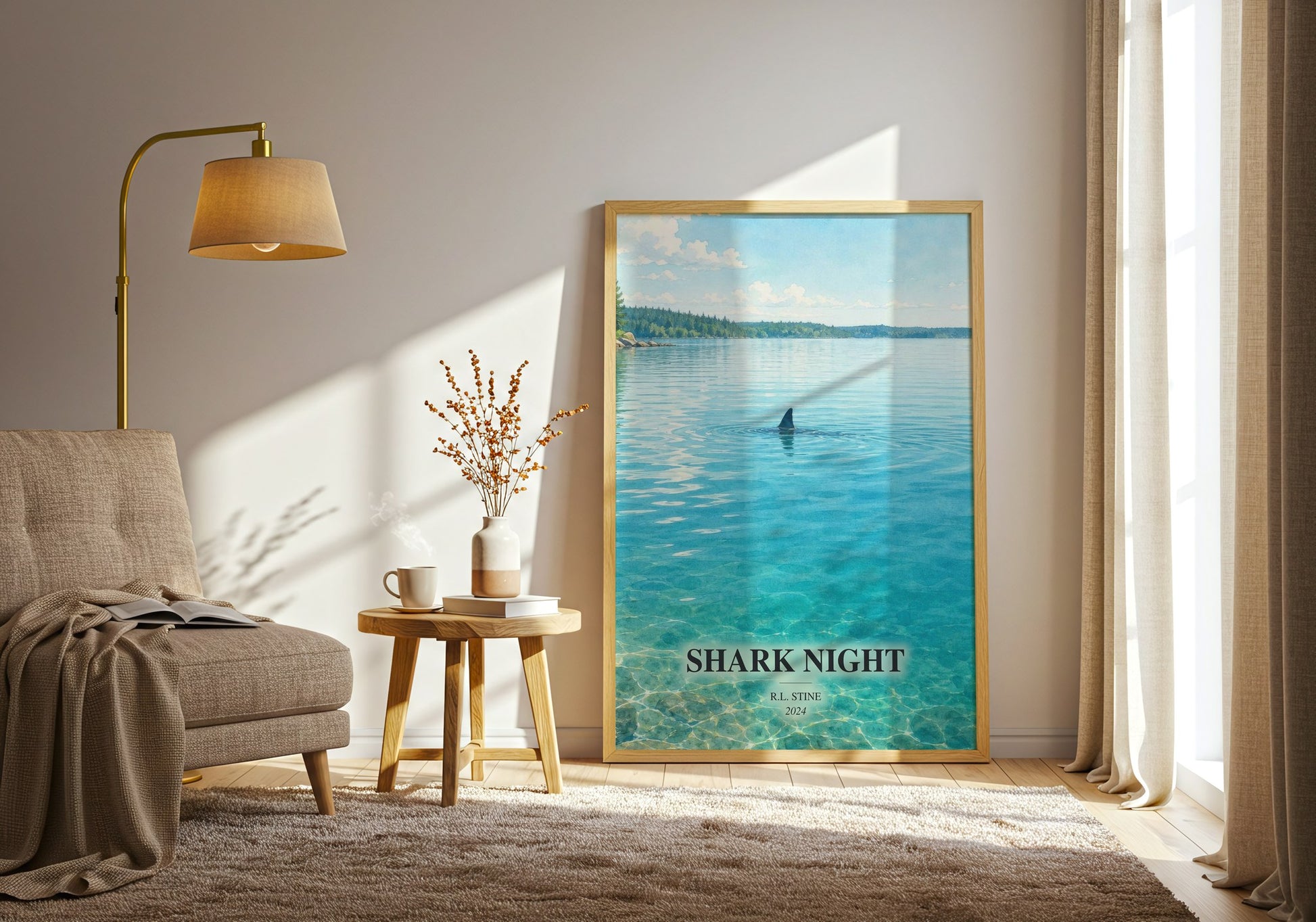 Shark Night watercolour print in frame leaning in hallway – horror wall art