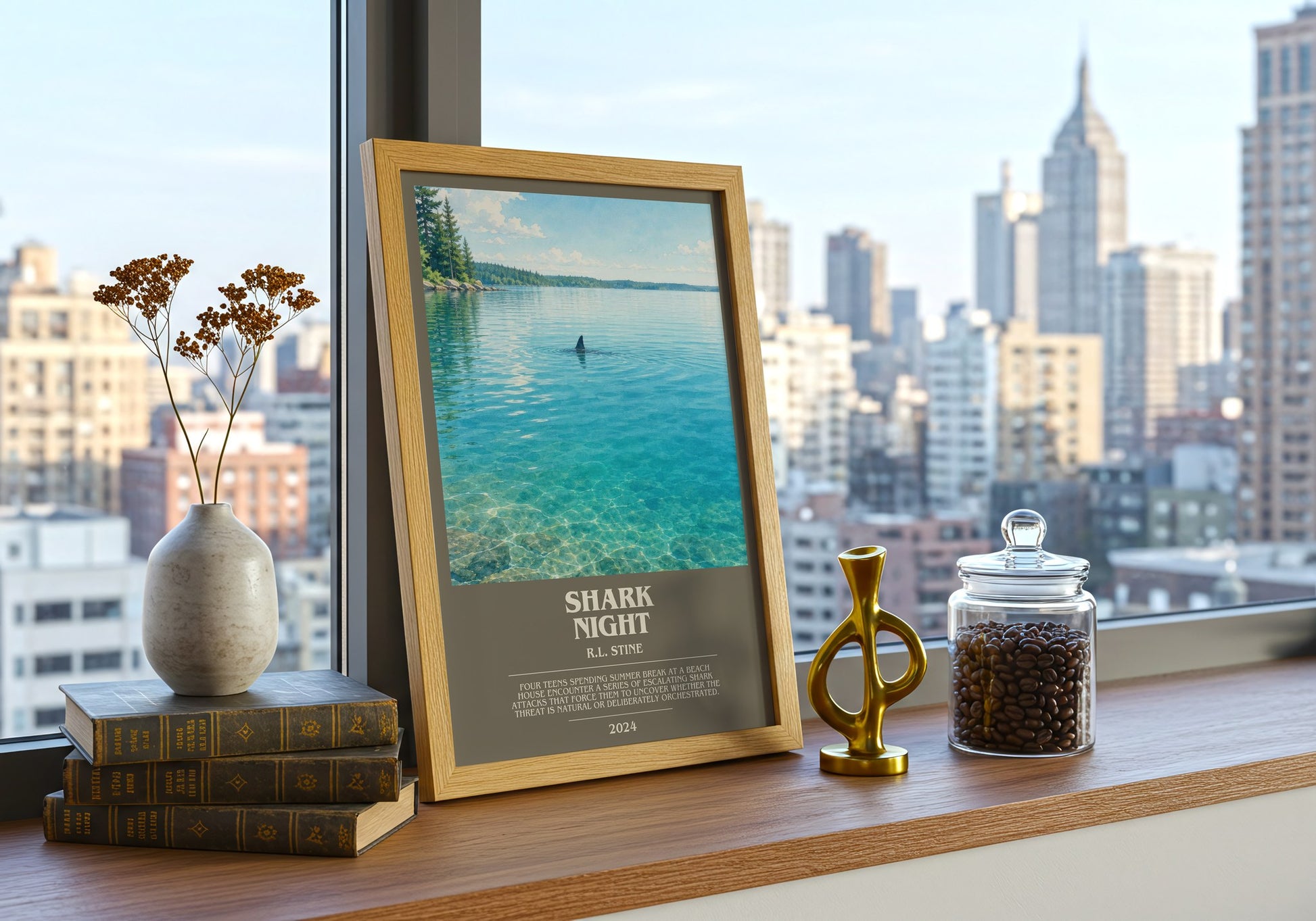 Shark Night bookish print framed by window – literary home decor