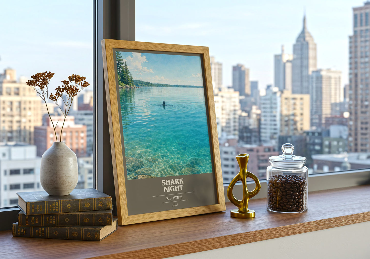 Shark Night book cover print framed by window – literary home decor