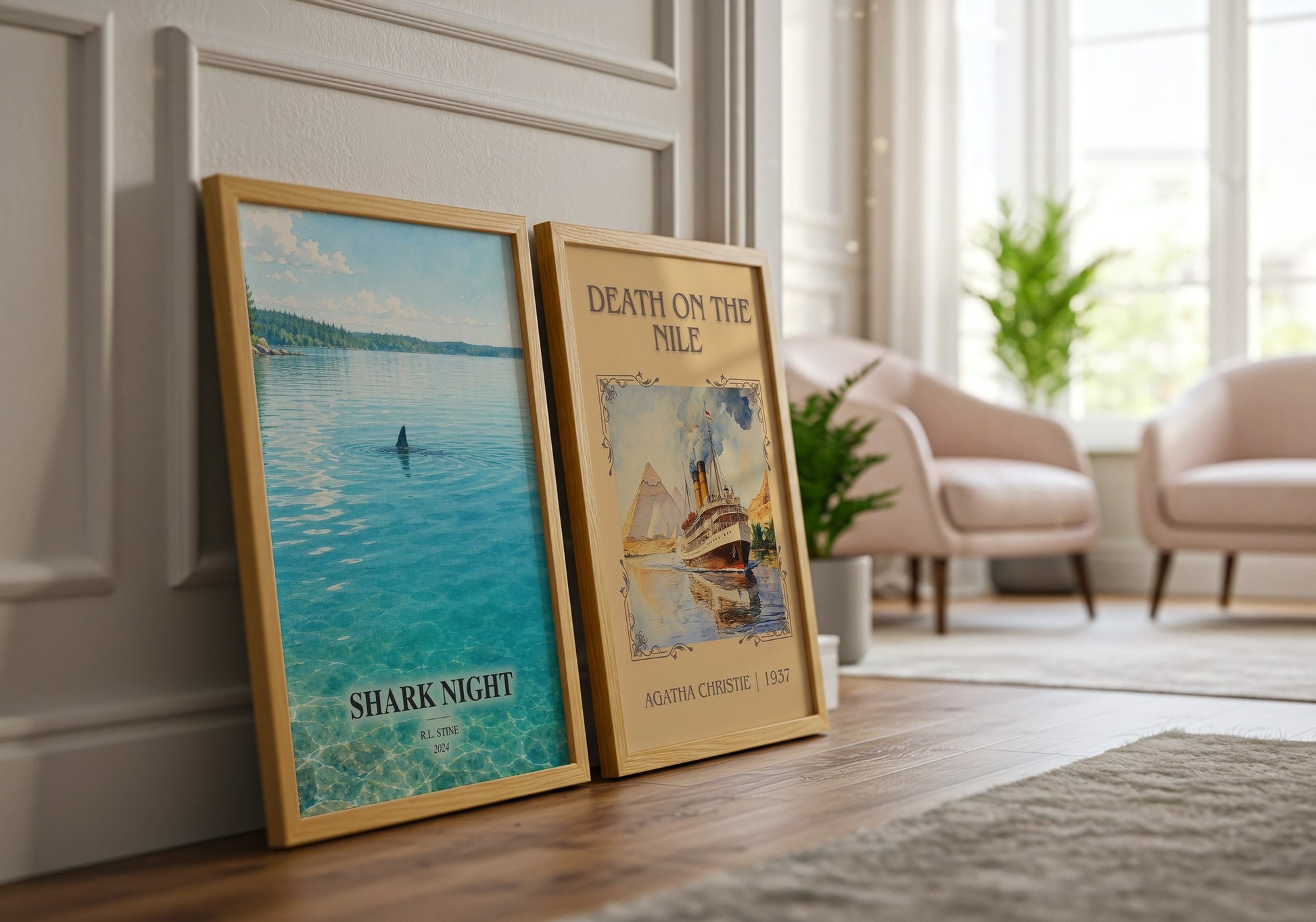 Shark Night watercolour print framed by window – literary home decor