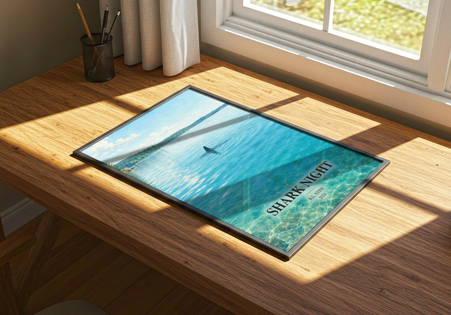 Shark Night watercolour book poster framed on wall – horror wall art