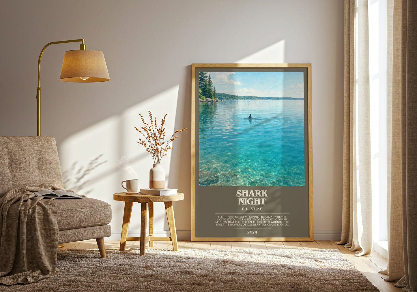 Shark Night bookish print on bookshelf – R.L. Stine fan gift