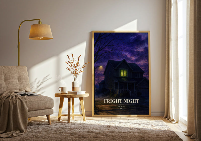 Fright Night watercolour print in frame leaning in hallway – horror wall art