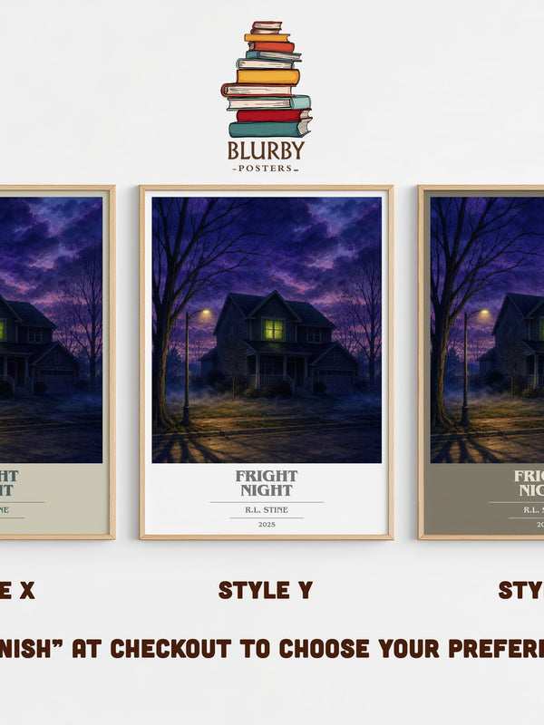 Fright Night book cover print in frame leaning in hallway – horror wall art