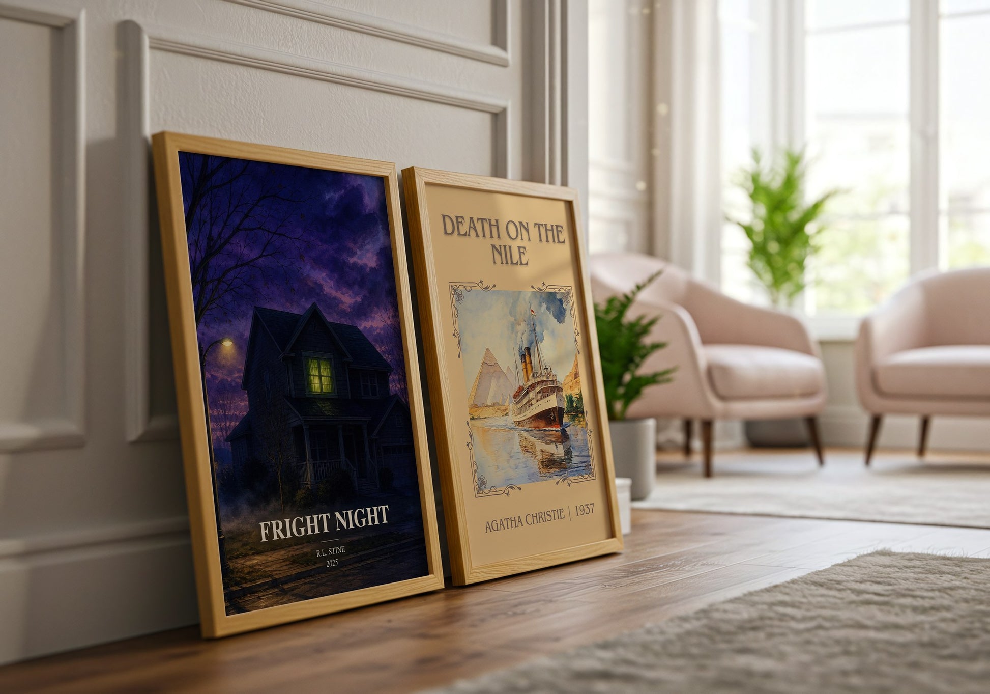 Fright Night watercolour print framed by window – literary home decor