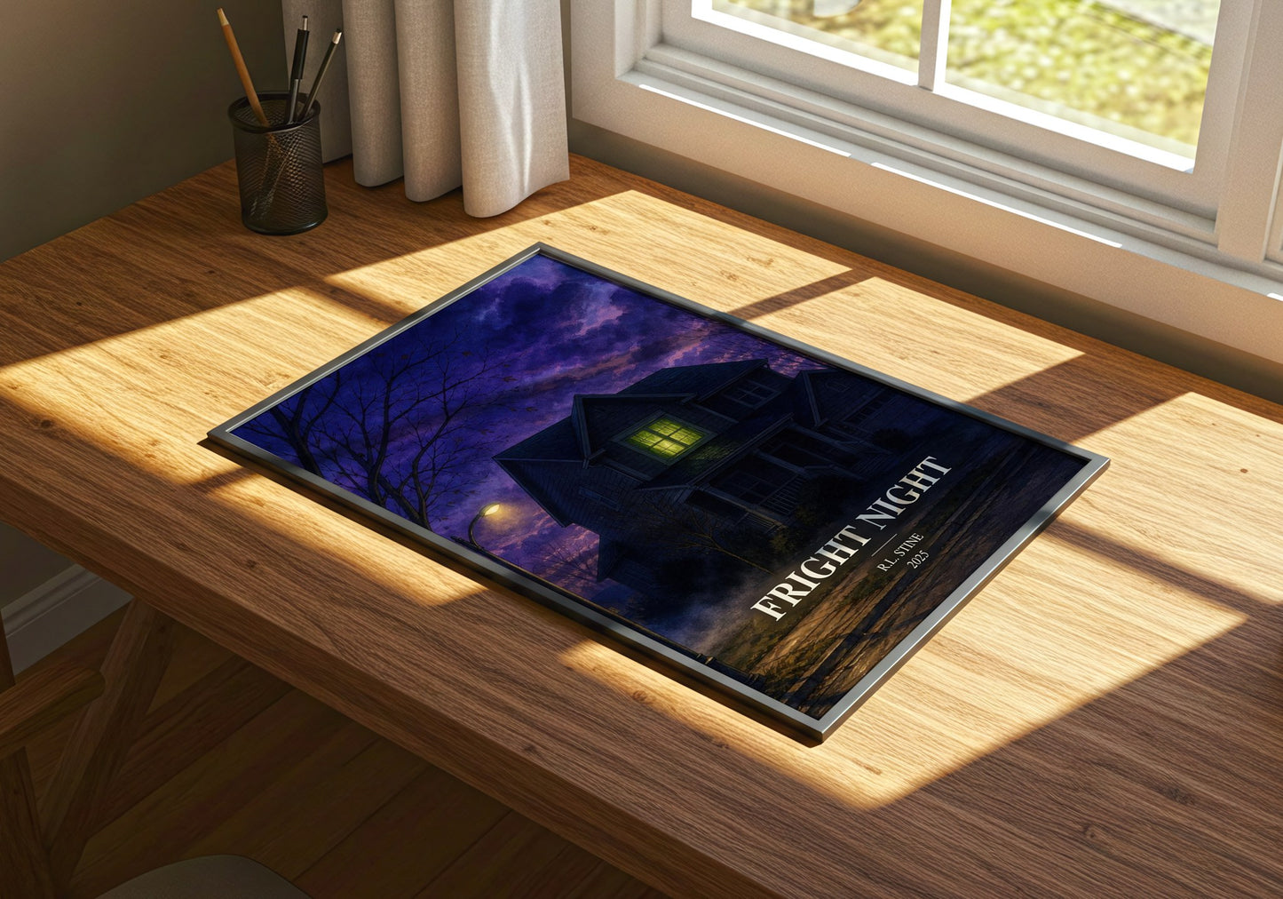 Fright Night watercolour book poster framed on wall – horror wall art