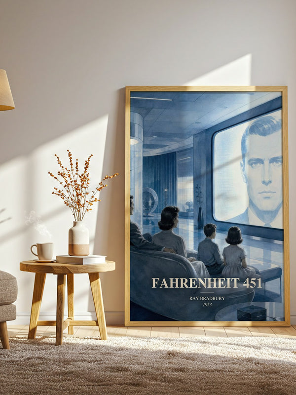 Fahrenheit 451 watercolour print in frame leaning in hallway – sci fi wall art