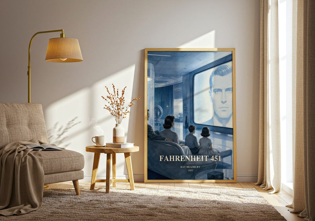 Fahrenheit 451 watercolour print in frame leaning in hallway – sci fi wall art (mockup)