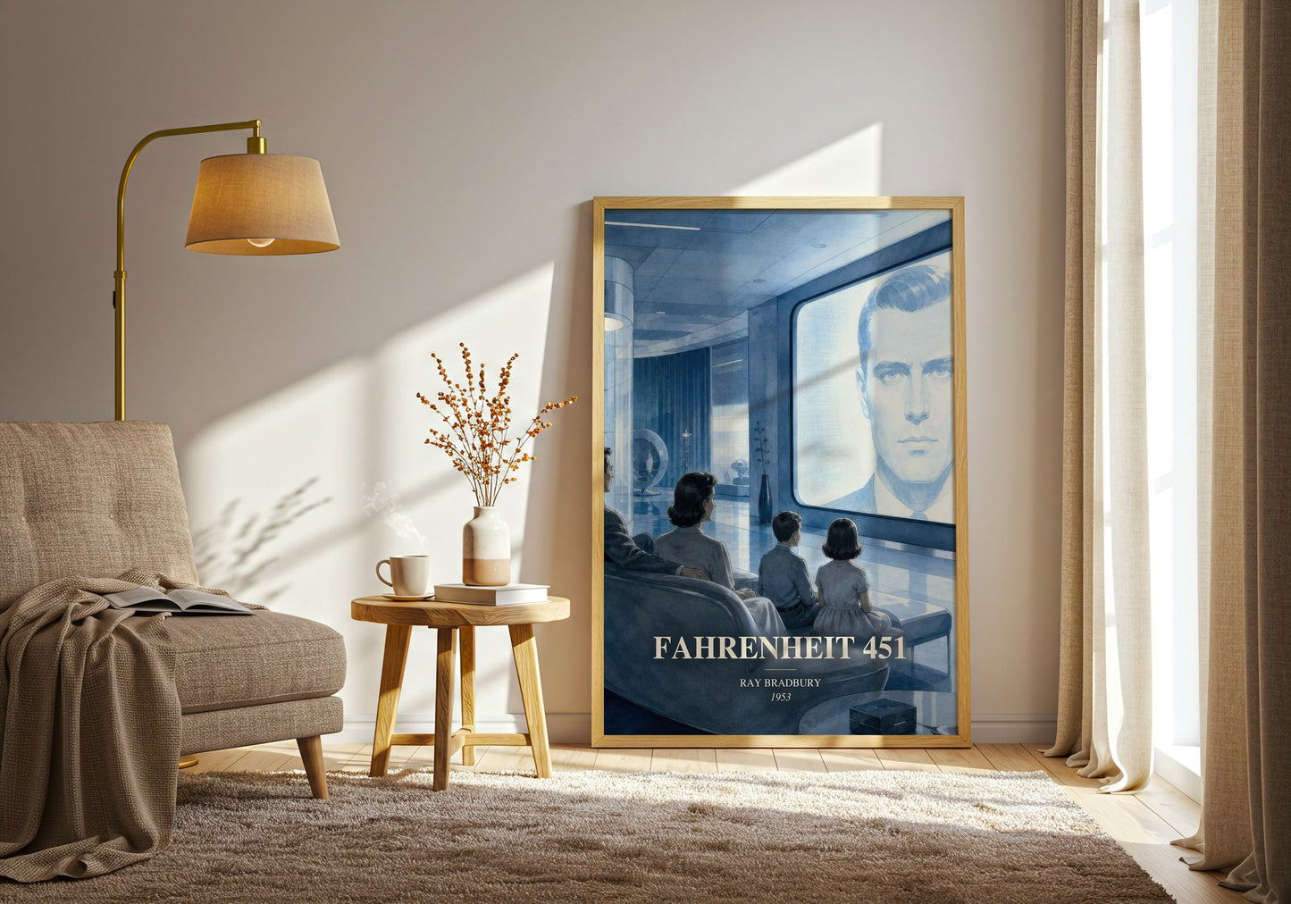 Fahrenheit 451 watercolour print in frame leaning in hallway – sci fi wall art