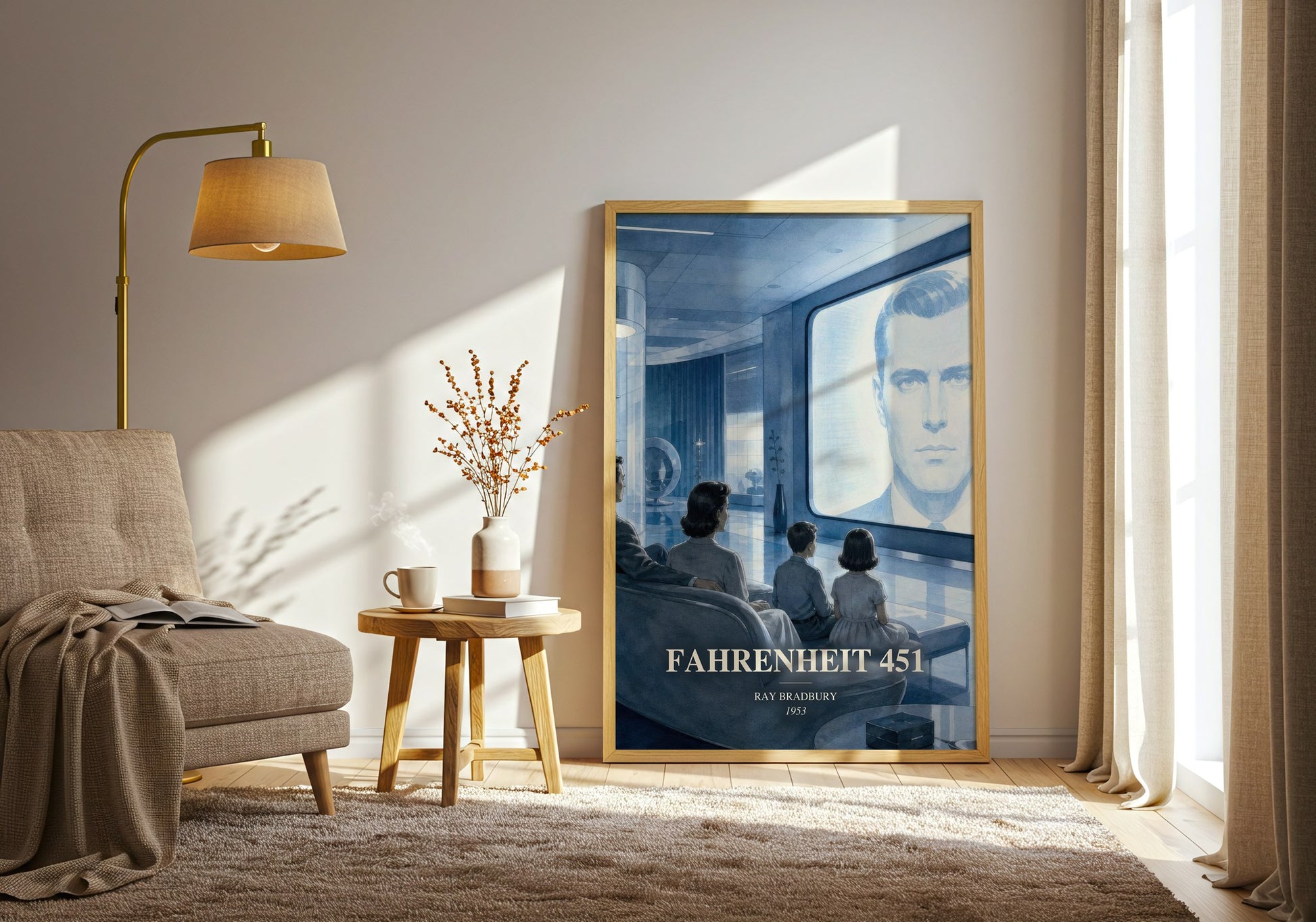 Fahrenheit 451 watercolour print in frame leaning in hallway – sci fi wall art