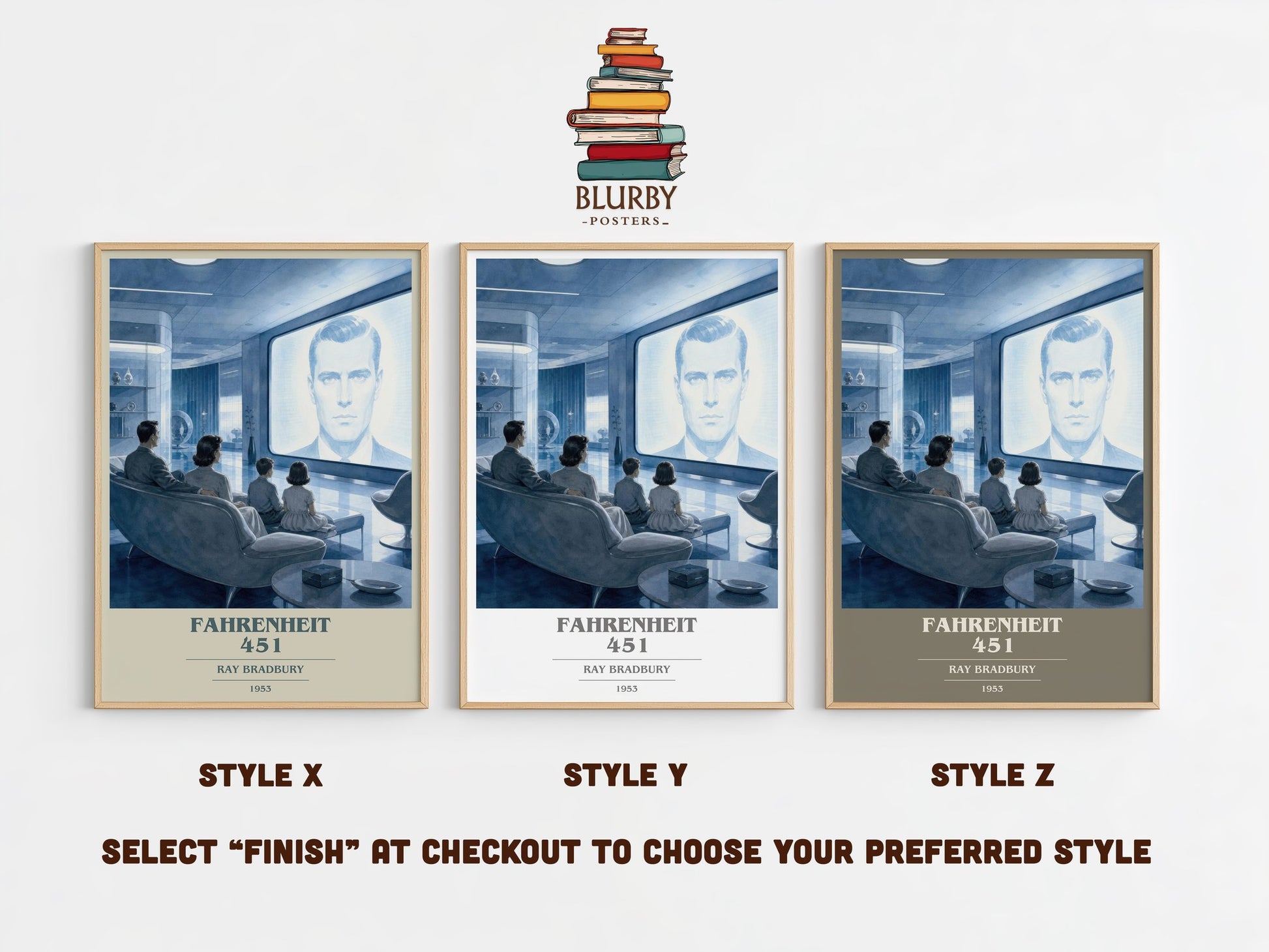 Fahrenheit 451 book cover print in frame leaning in hallway – sci fi wall art