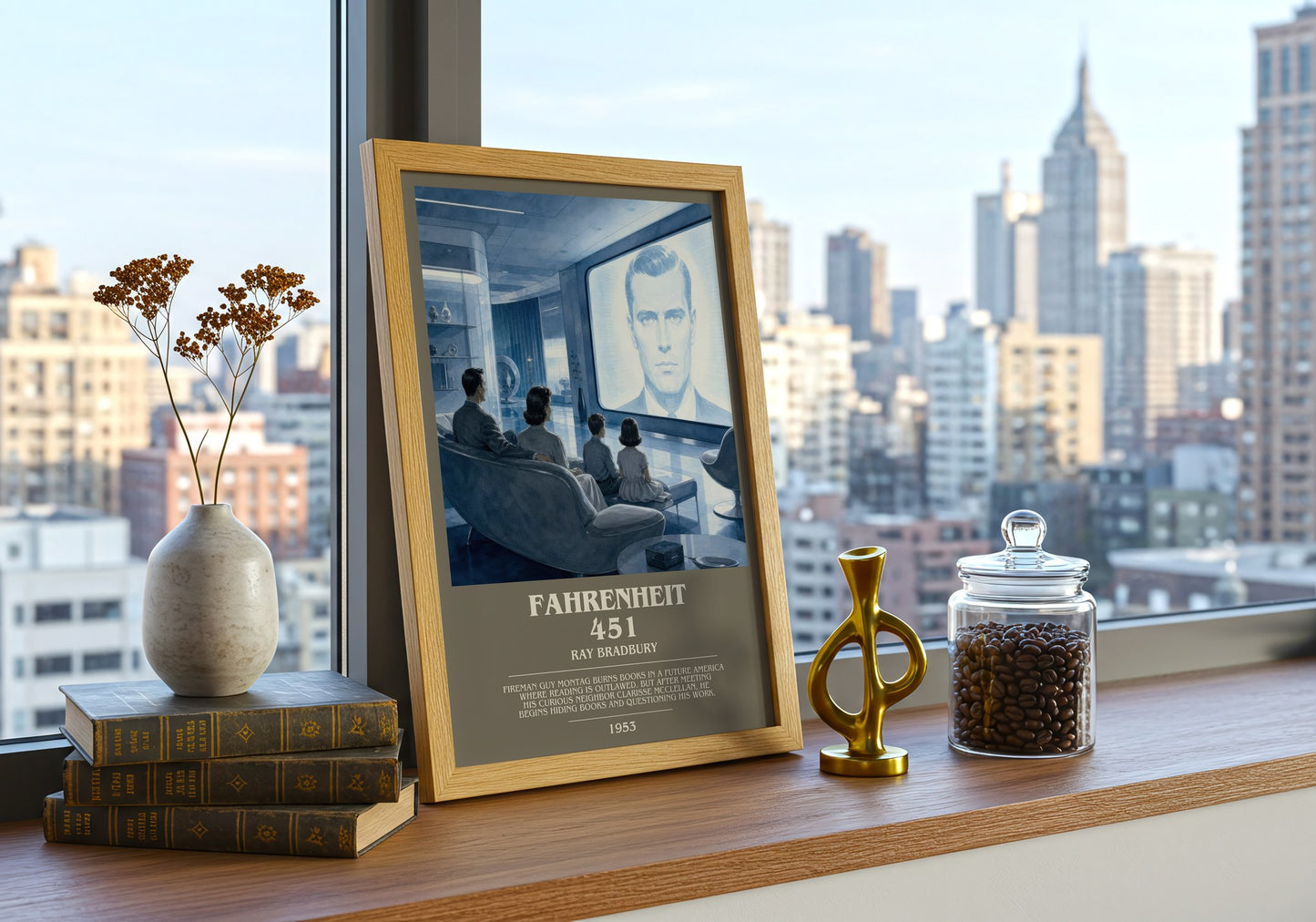 Fahrenheit 451 bookish print framed by window – literary home decor