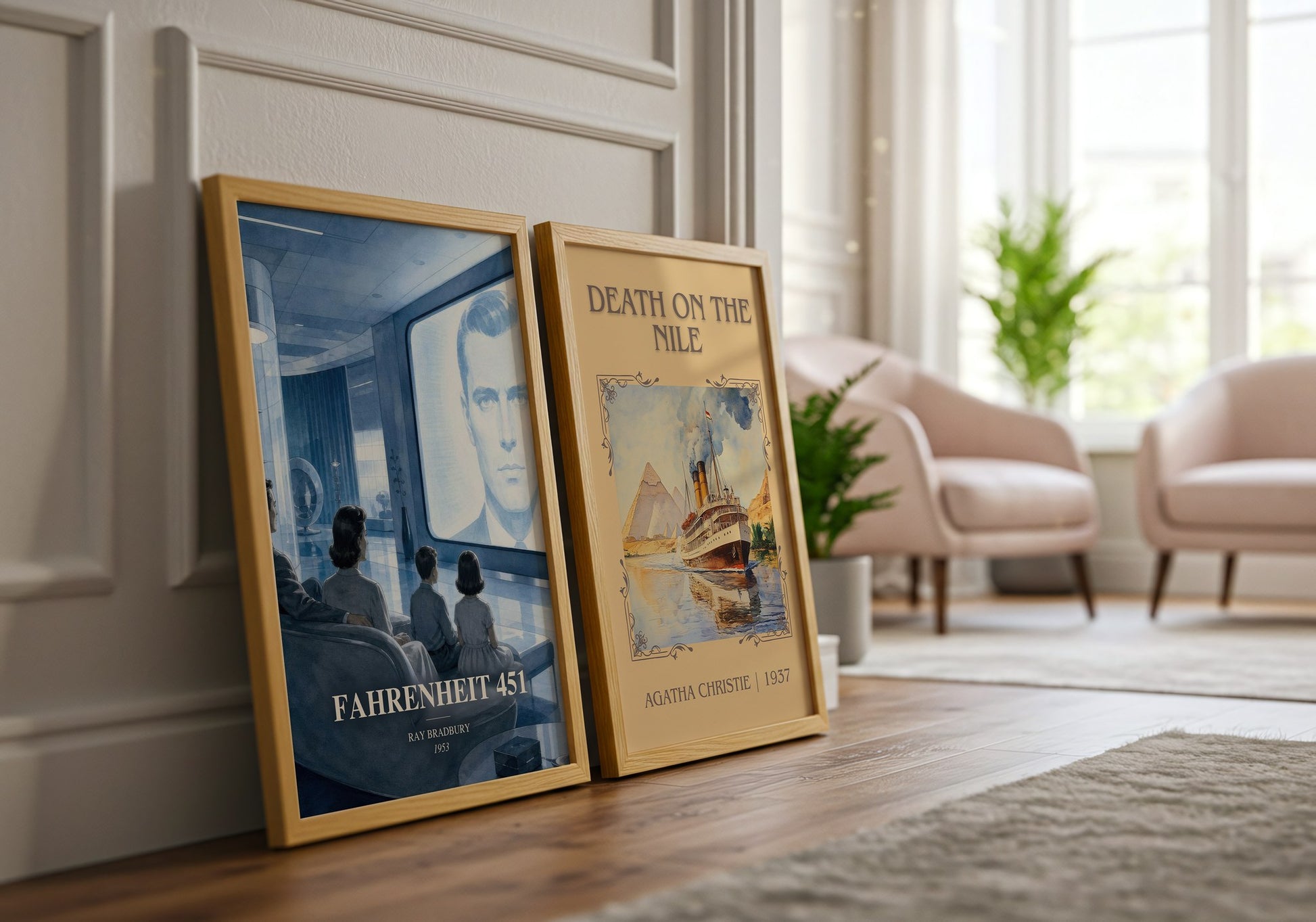 Fahrenheit 451 watercolour print framed by window – literary home decor