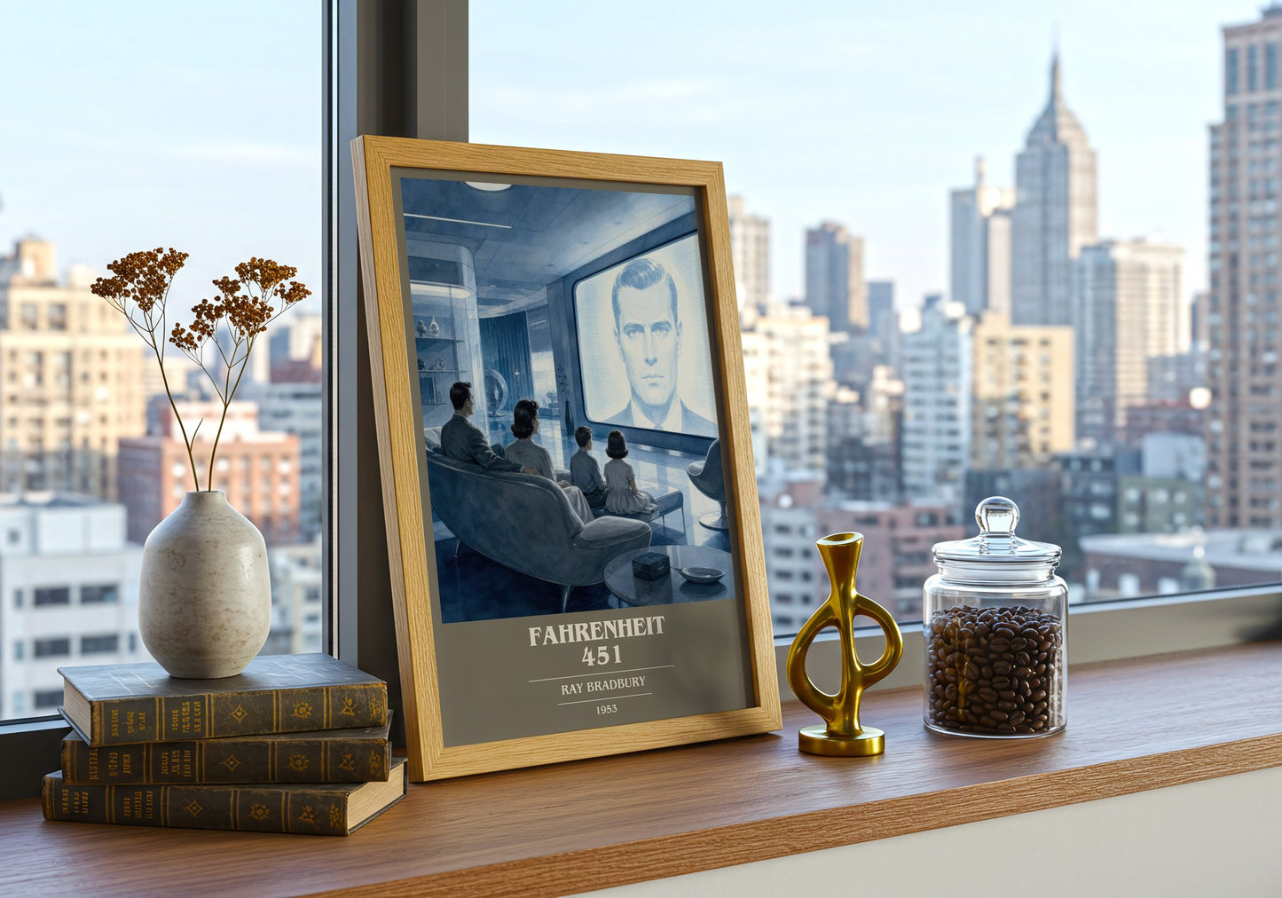 Fahrenheit 451 book cover print framed by window – literary home decor