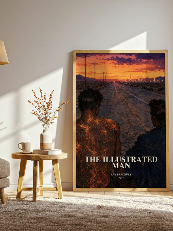 The Illustrated Man watercolour print in frame leaning in hallway – sci fi wall art