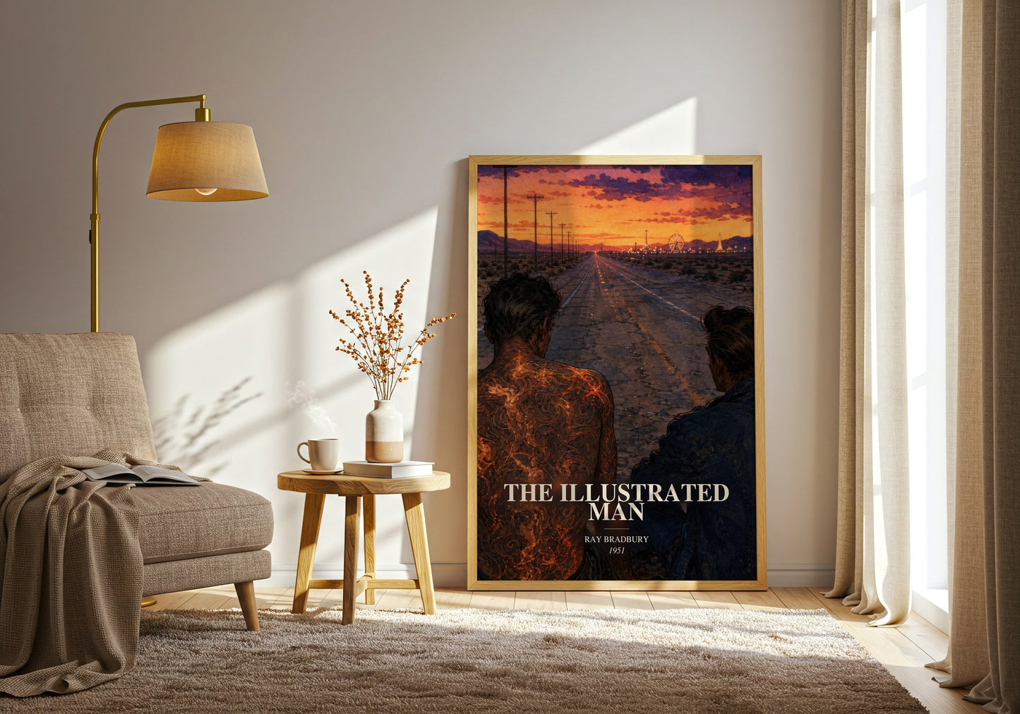 The Illustrated Man watercolour print in frame leaning in hallway – sci fi wall art