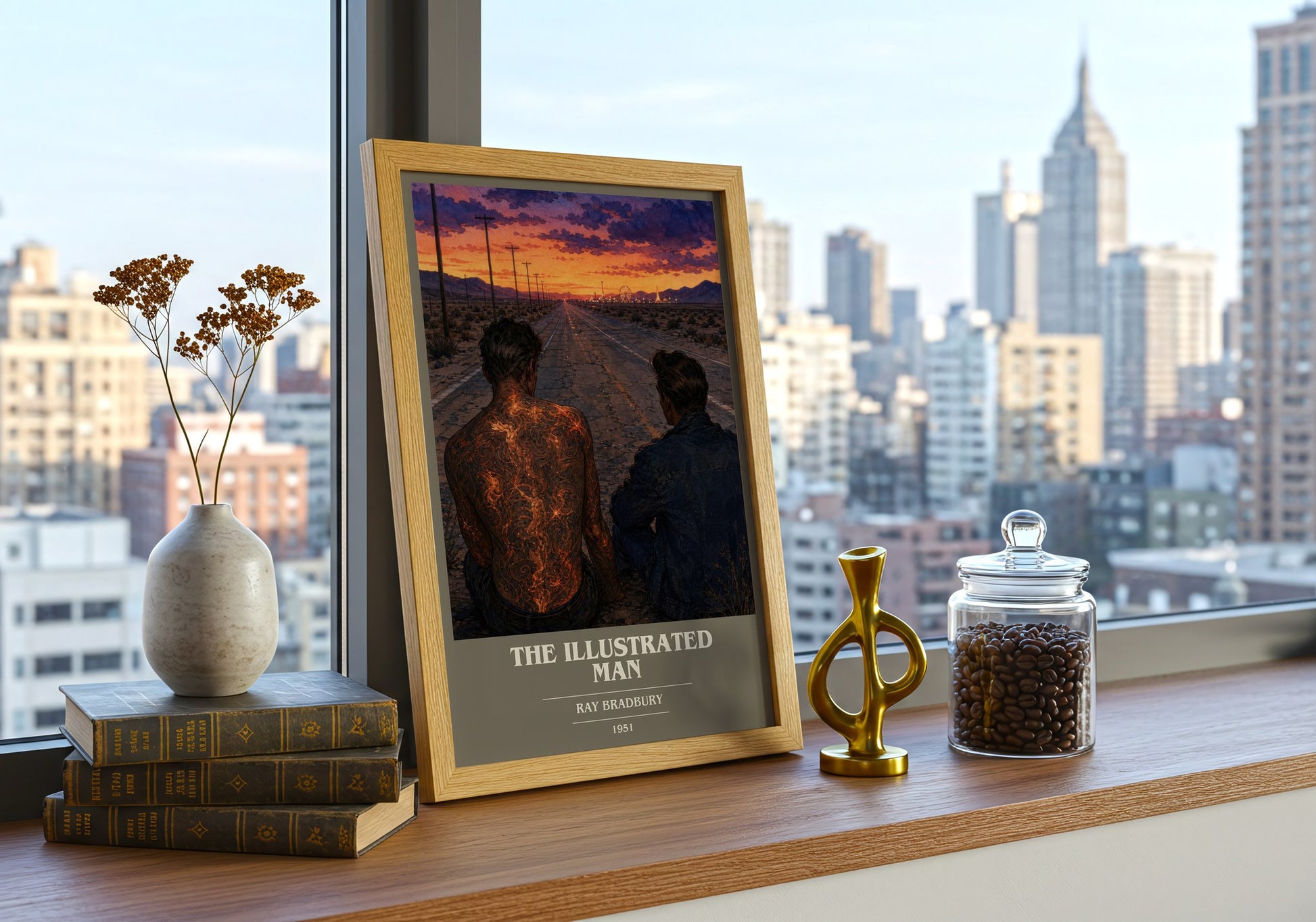 The Illustrated Man book cover print framed by window – literary home decor