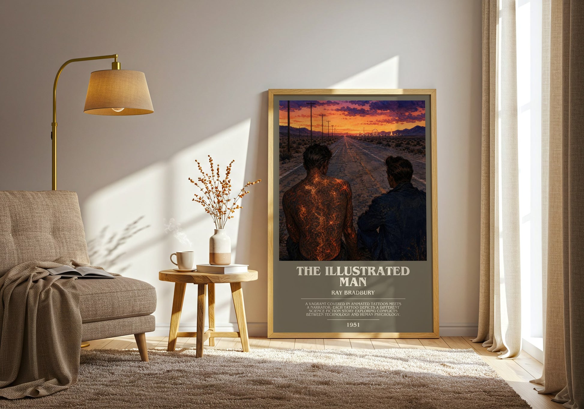 The Illustrated Man bookish print on bookshelf – Ray Bradbury fan gift