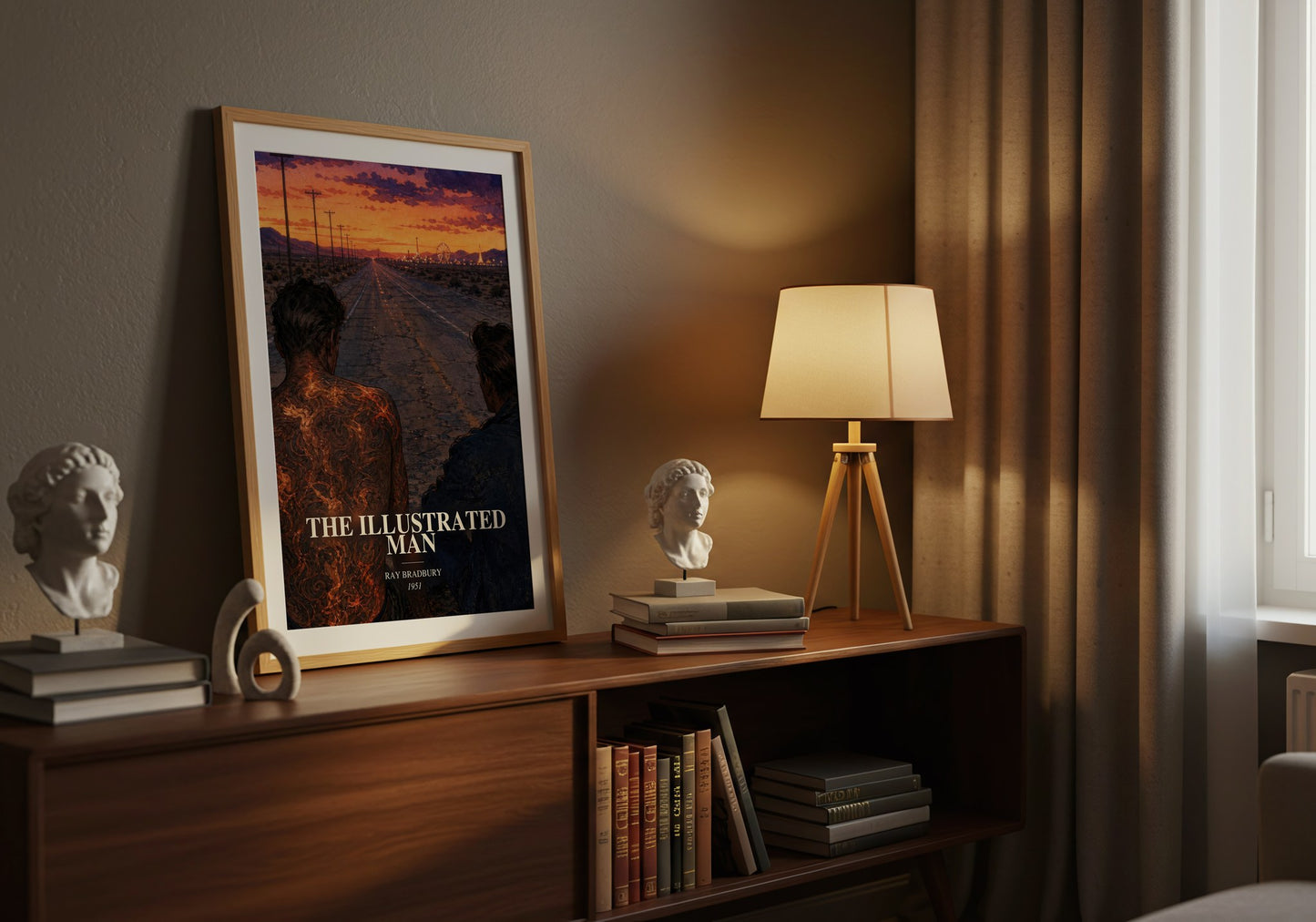 The Illustrated Man watercolour print on bookshelf – Ray Bradbury fan gift