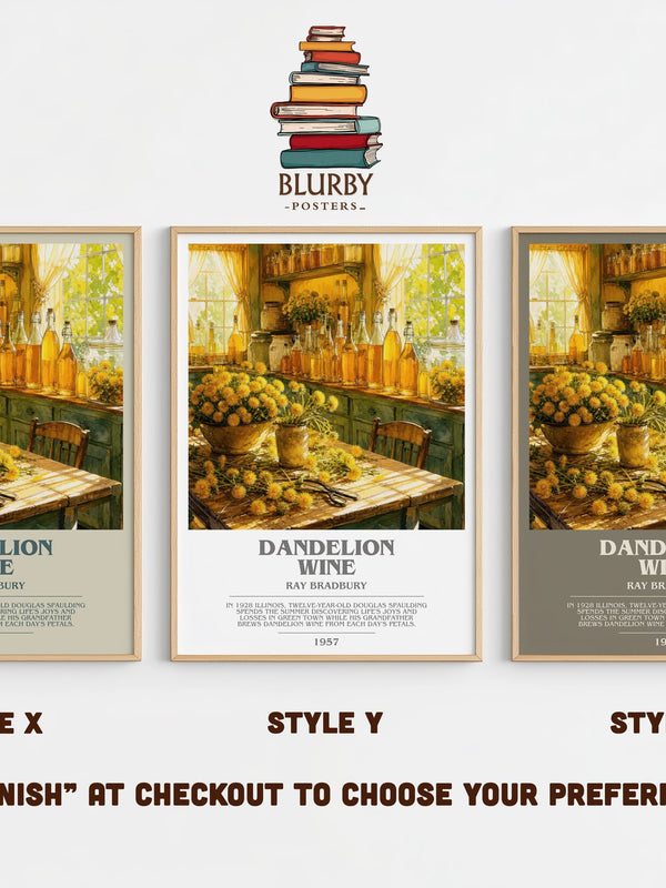 Dandelion Wine bookish print in frame leaning in hallway – coming of age wall art