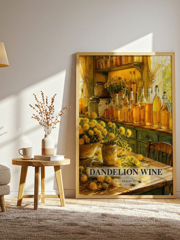 Dandelion Wine watercolour print in frame leaning in hallway – coming of age wall art