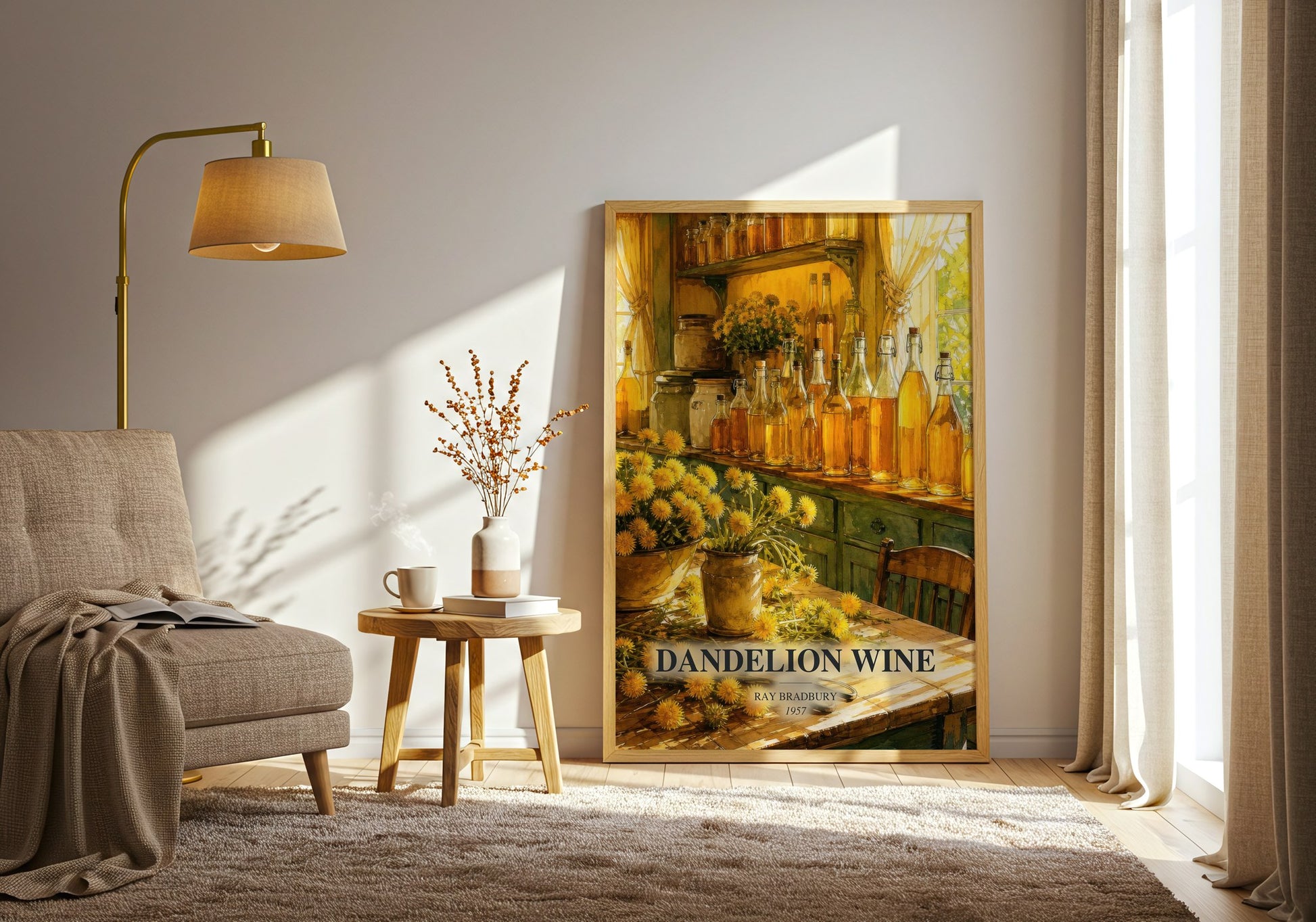 Dandelion Wine watercolour print in frame leaning in hallway – coming of age wall art