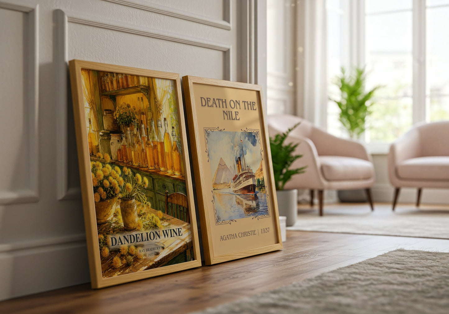 Dandelion Wine watercolour print framed by window – literary home decor
