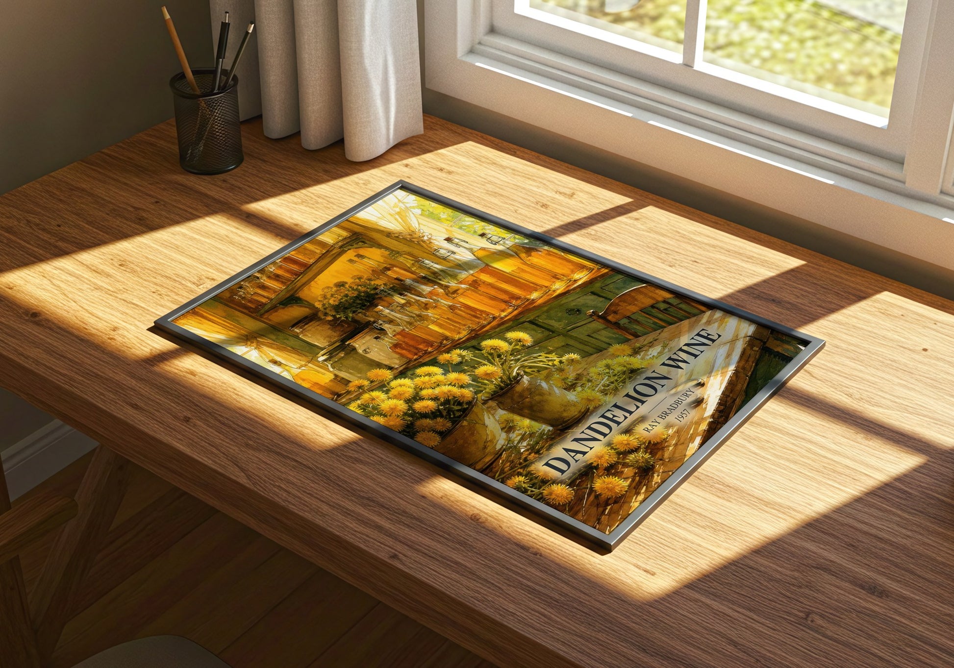 Dandelion Wine watercolour book poster framed on wall – coming of age wall art