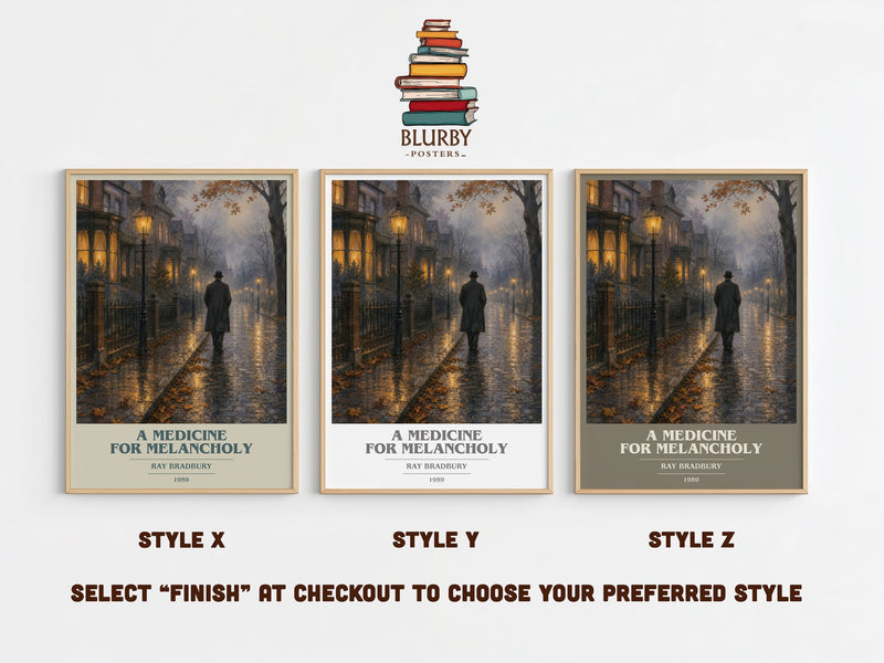 A Medicine For Melancholy book cover print in frame leaning in hallway – sci fi wall art