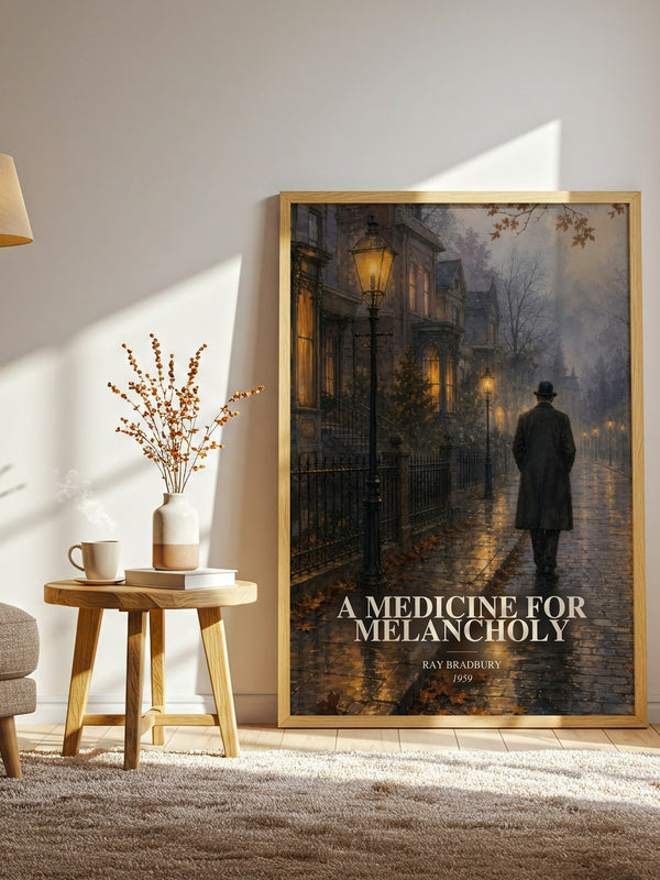 A Medicine For Melancholy watercolour print in frame leaning in hallway – sci fi wall art