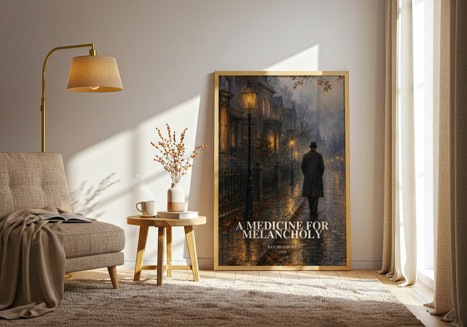 A Medicine For Melancholy watercolour print in frame leaning in hallway – sci fi wall art