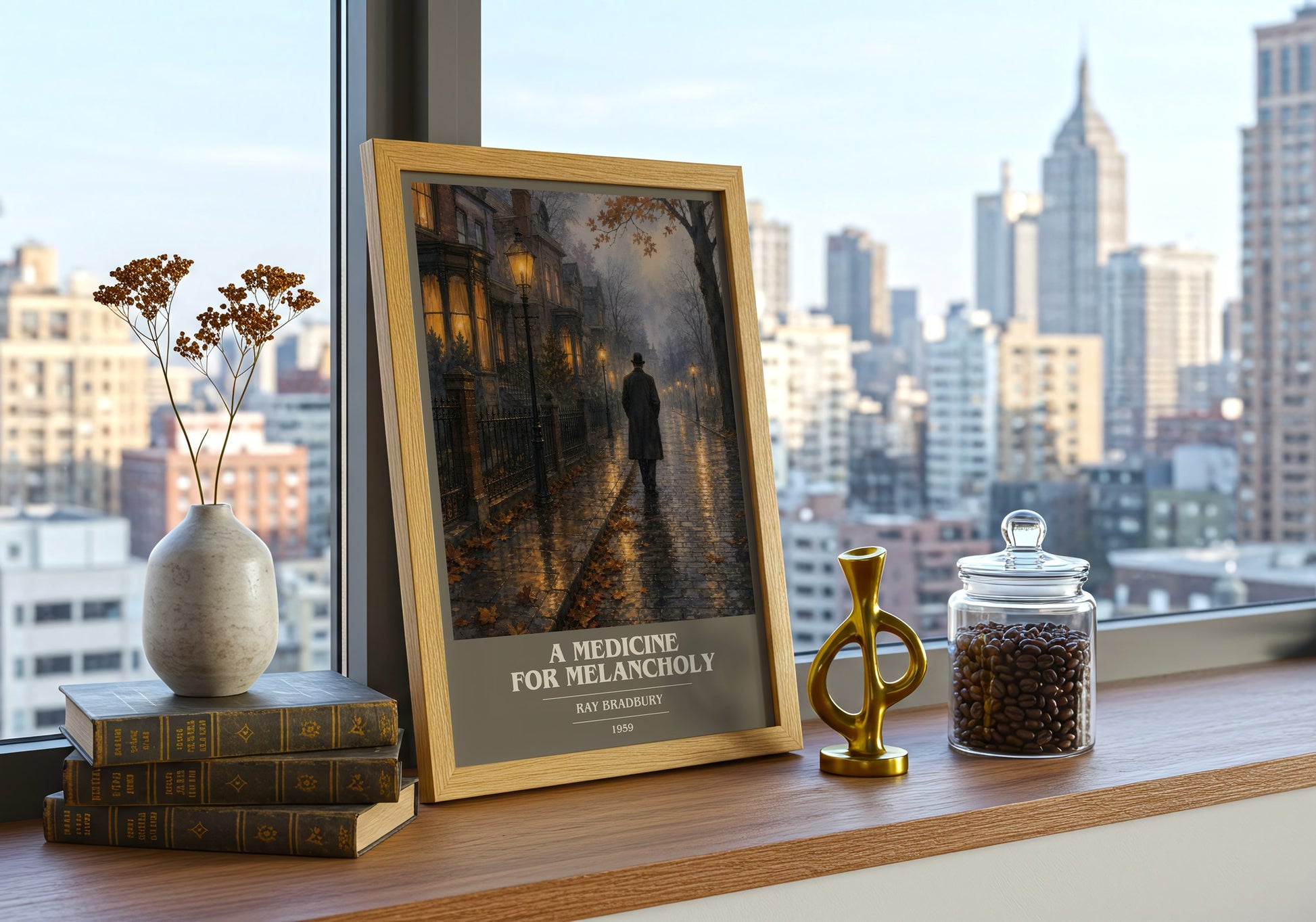 A Medicine For Melancholy book cover print framed by window – literary home decor