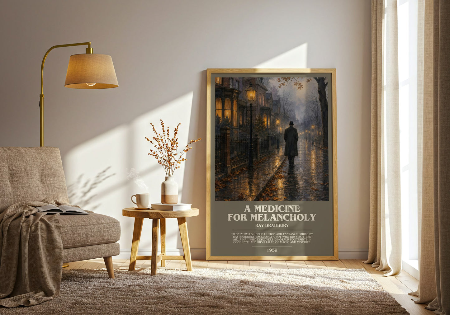 A Medicine For Melancholy bookish print on bookshelf – Ray Bradbury fan gift