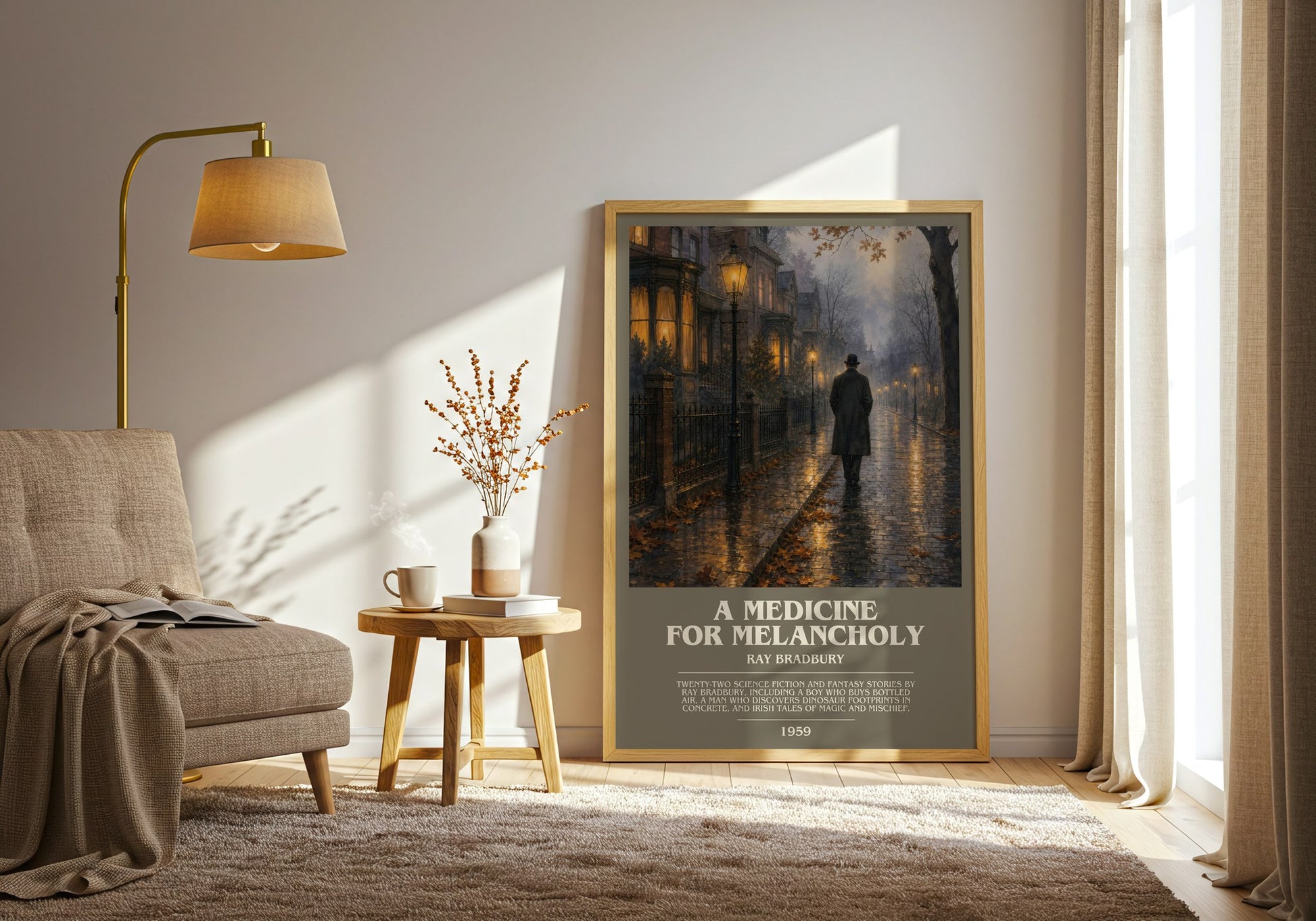 A Medicine For Melancholy bookish print on bookshelf – Ray Bradbury fan gift