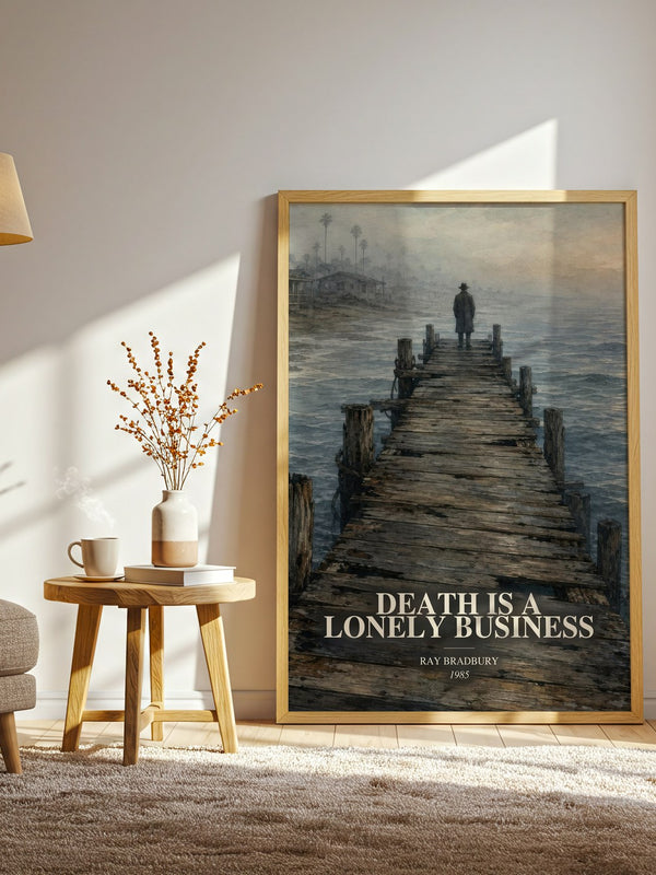 Death Is A Lonely Business watercolour print in frame leaning in hallway – mystery wall art