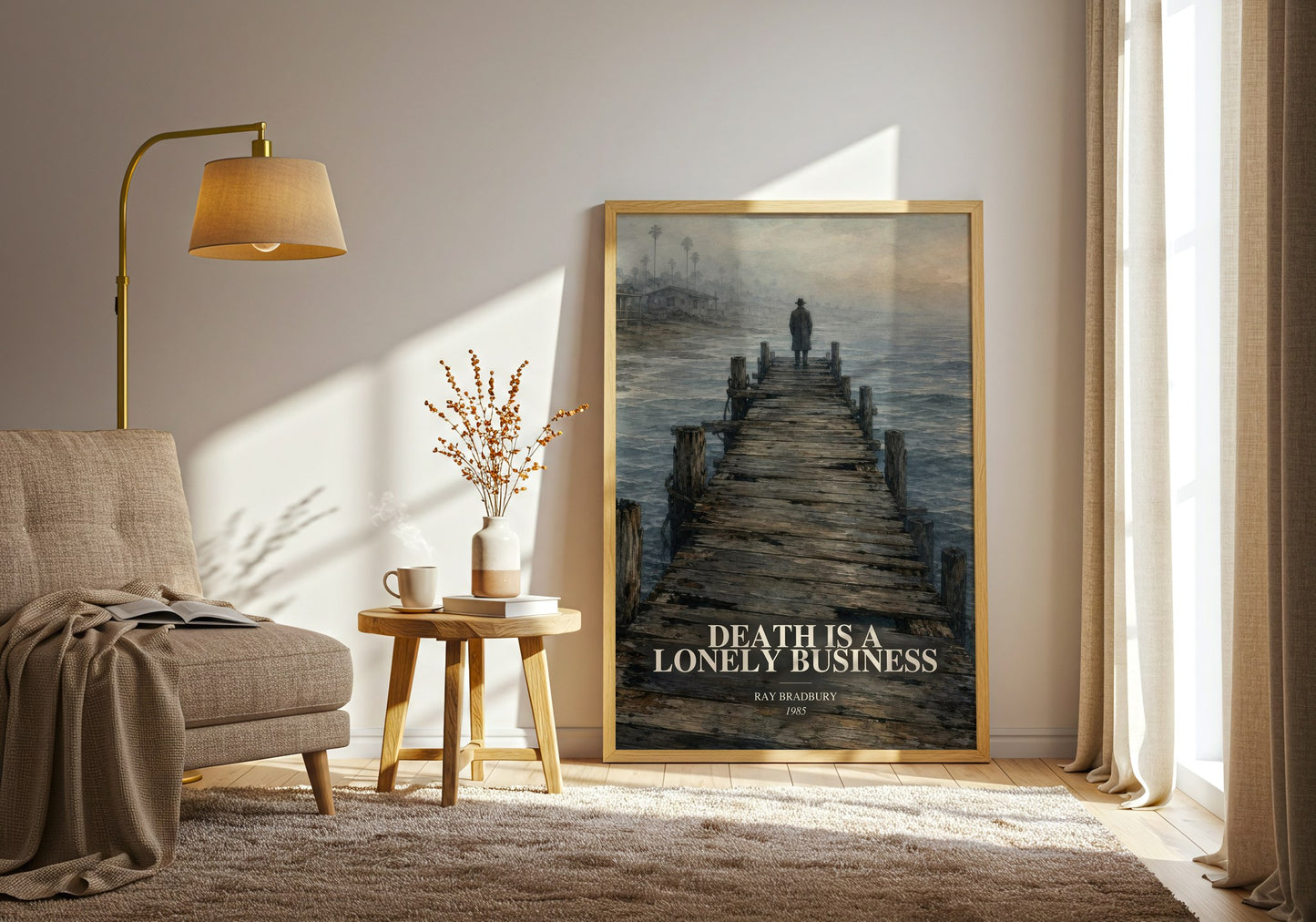 Death Is A Lonely Business watercolour print in frame leaning in hallway – mystery wall art