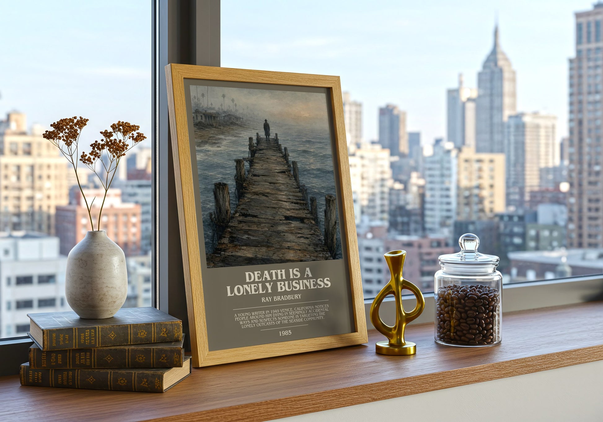 Death Is A Lonely Business bookish print framed by window – literary home decor