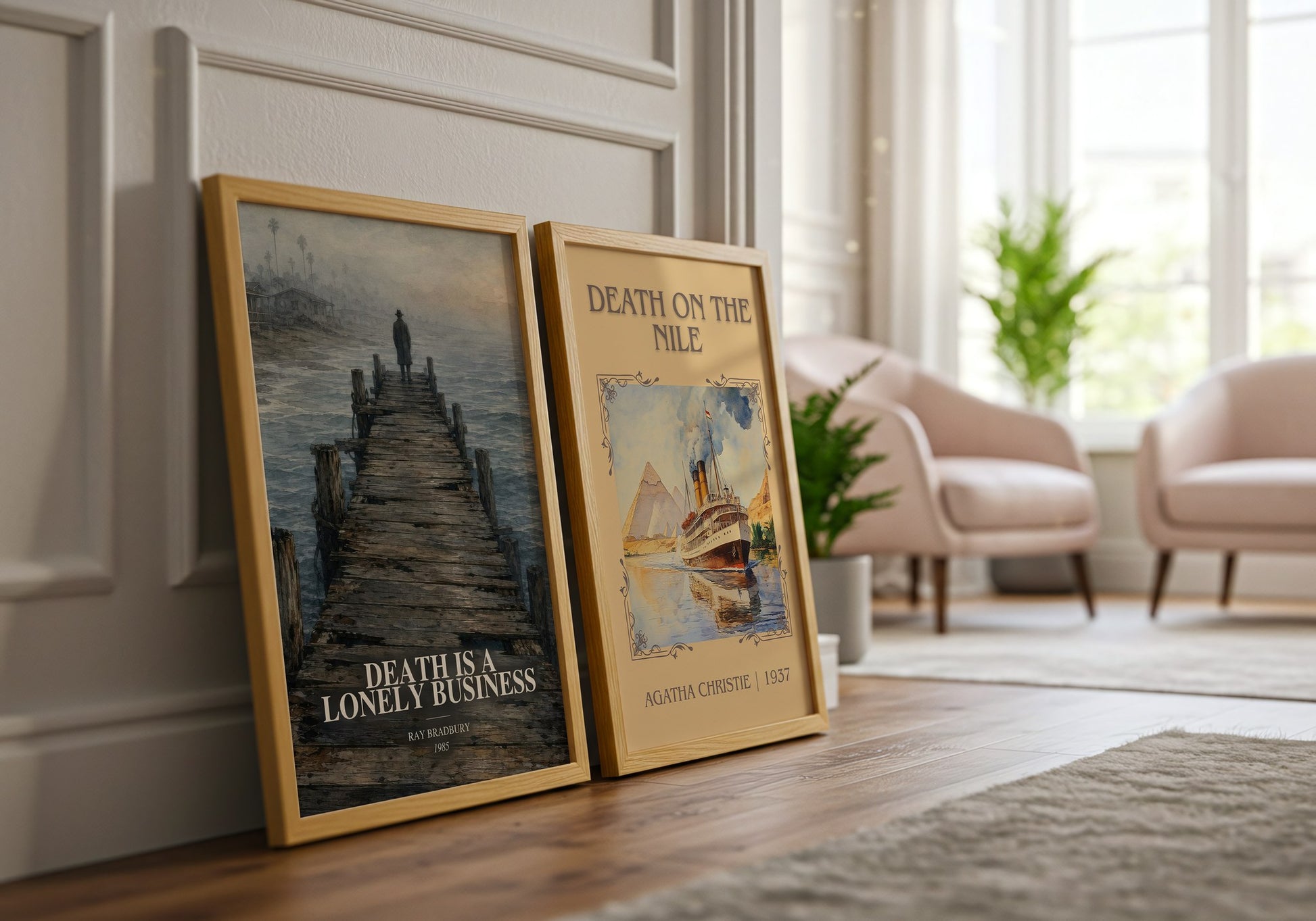 Death Is A Lonely Business watercolour print framed by window – literary home decor