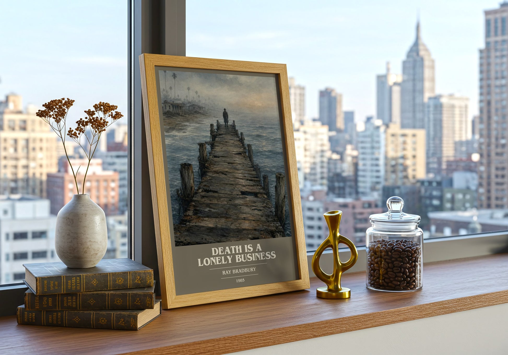 Death Is A Lonely Business book cover print framed by window – literary home decor