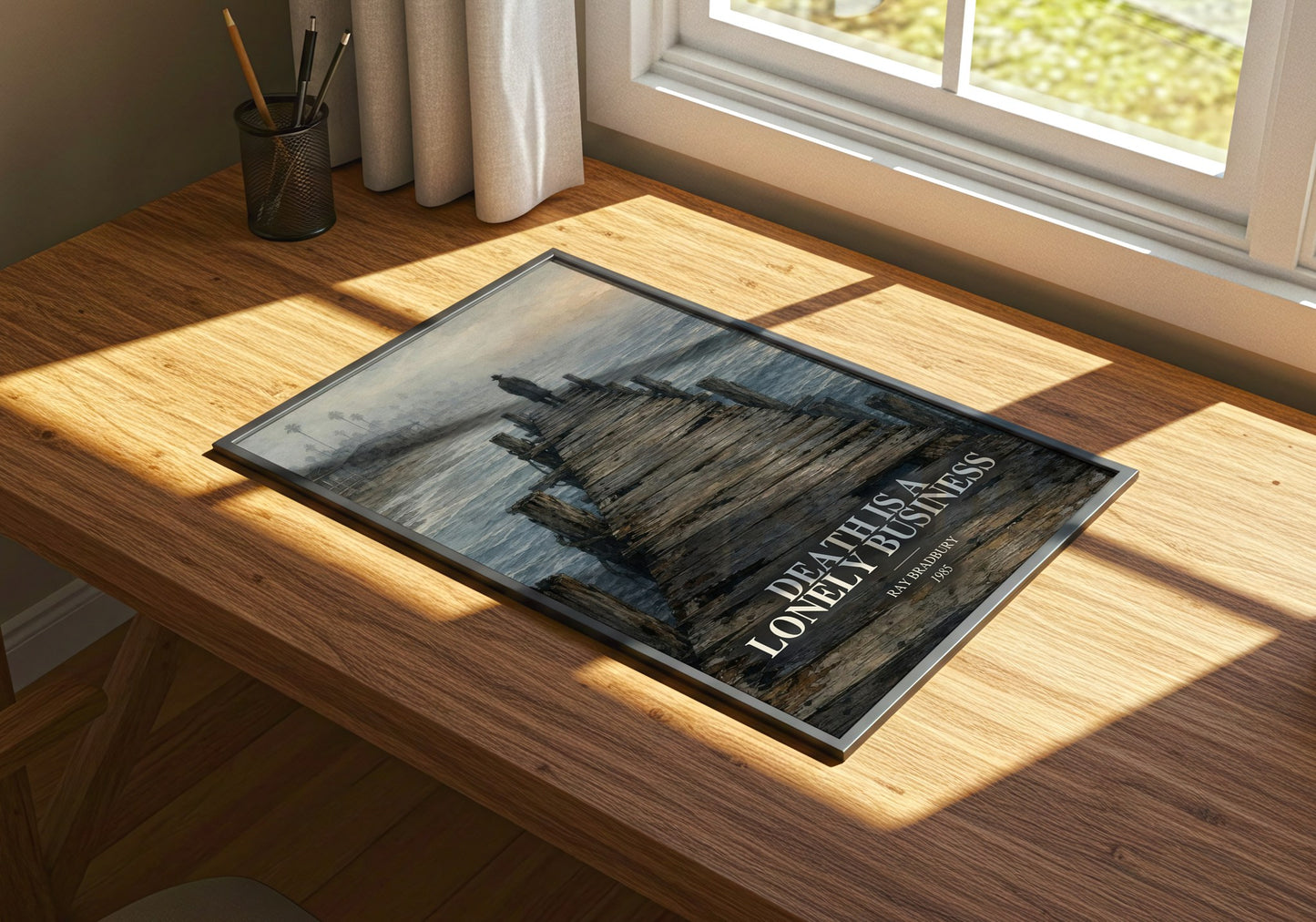 Death Is A Lonely Business watercolour book poster framed on wall – mystery wall art