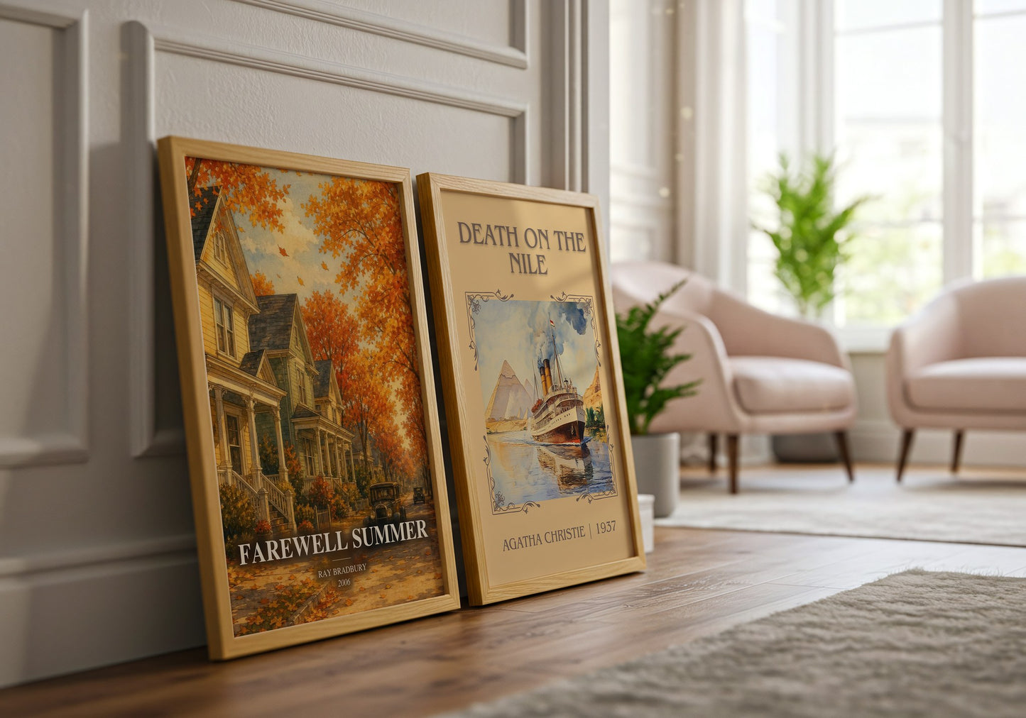 Farewell Summer watercolour print framed by window – literary home decor