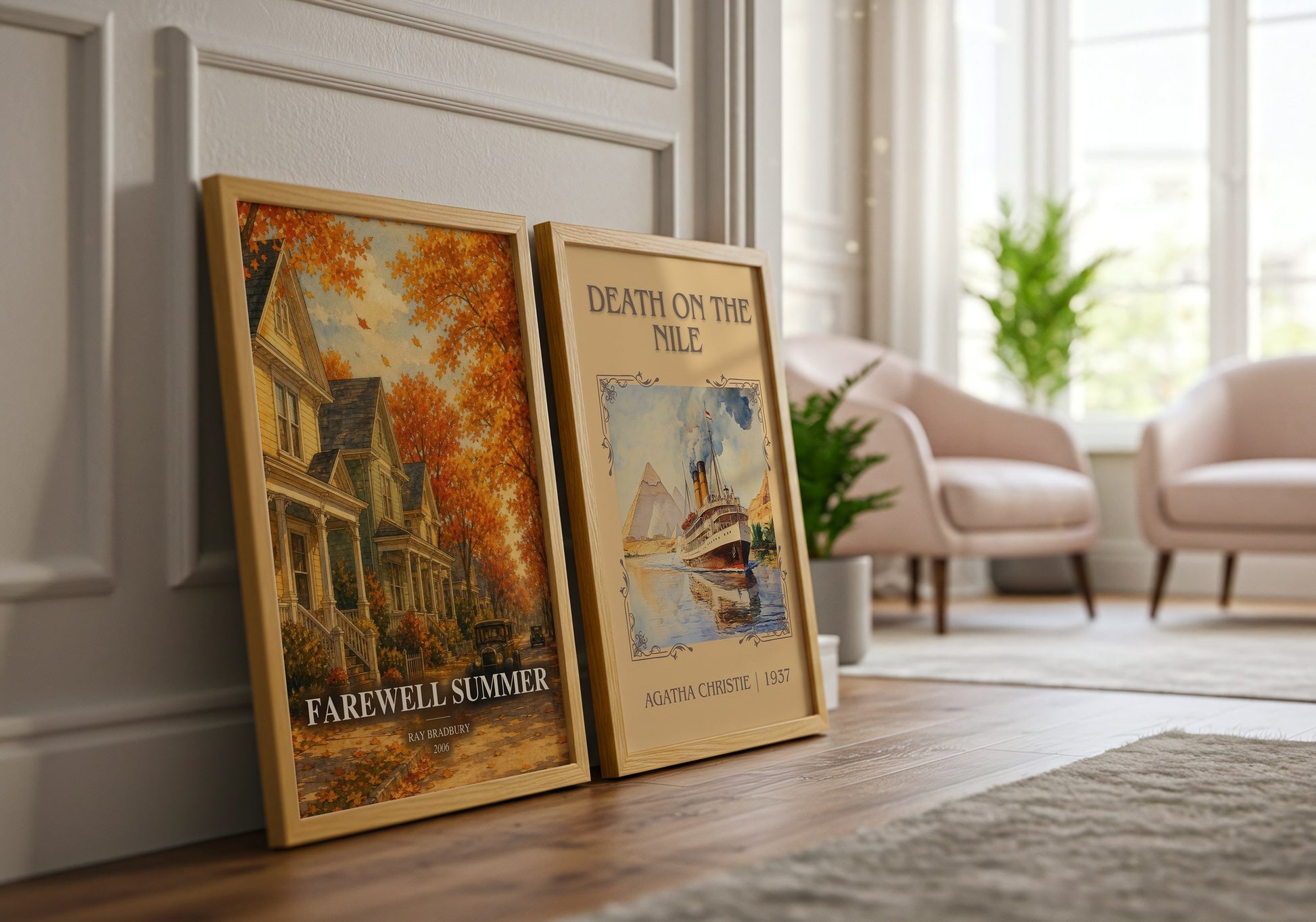 Farewell Summer watercolour print framed by window – literary home decor