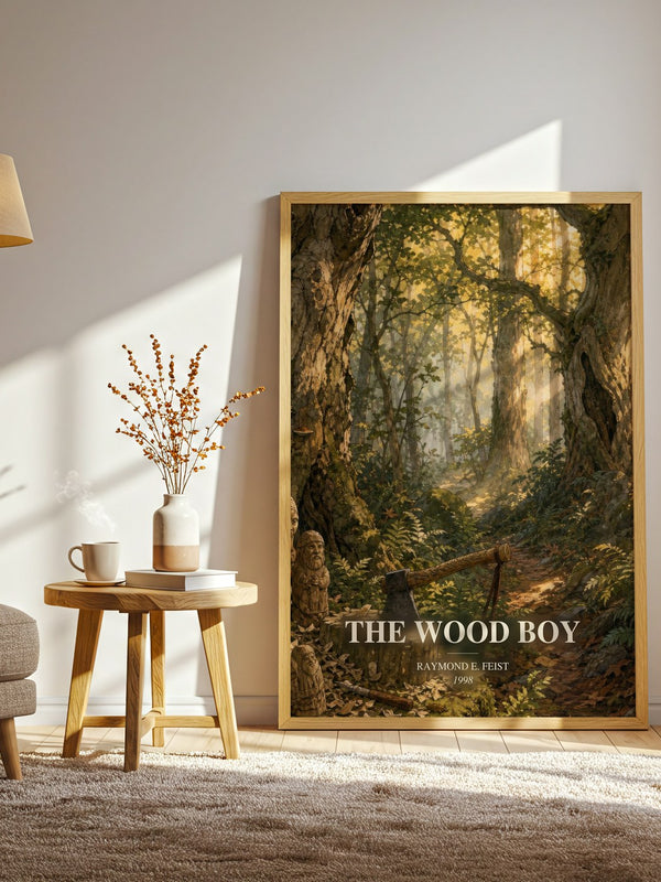 The Wood Boy watercolour print in frame leaning in hallway – fantasy wall art