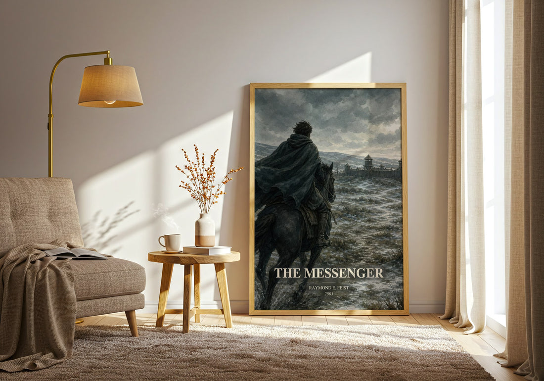 The Messenger watercolour print in frame leaning in hallway – fantasy wall art (mockup)