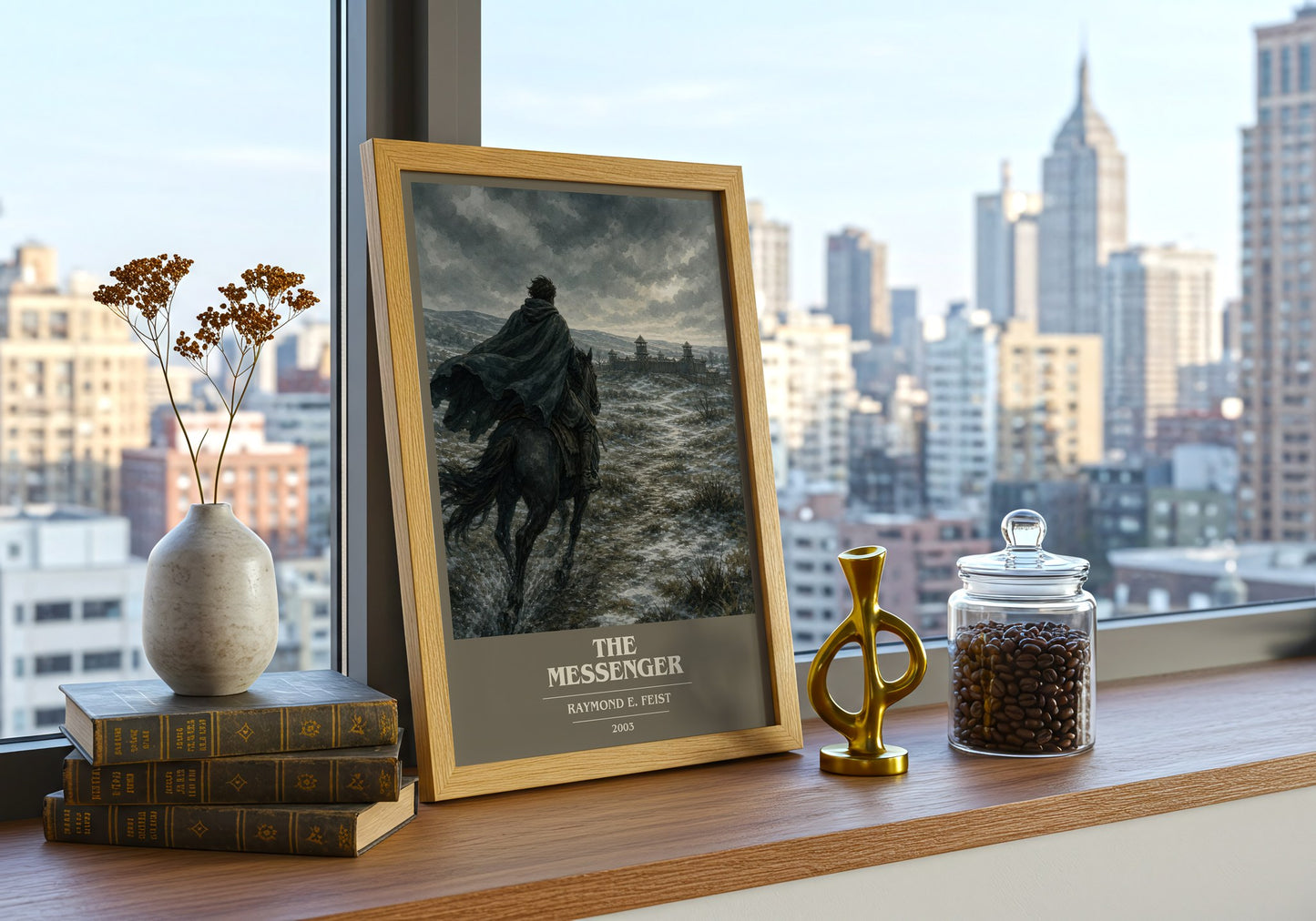 The Messenger book cover print framed by window – literary home decor