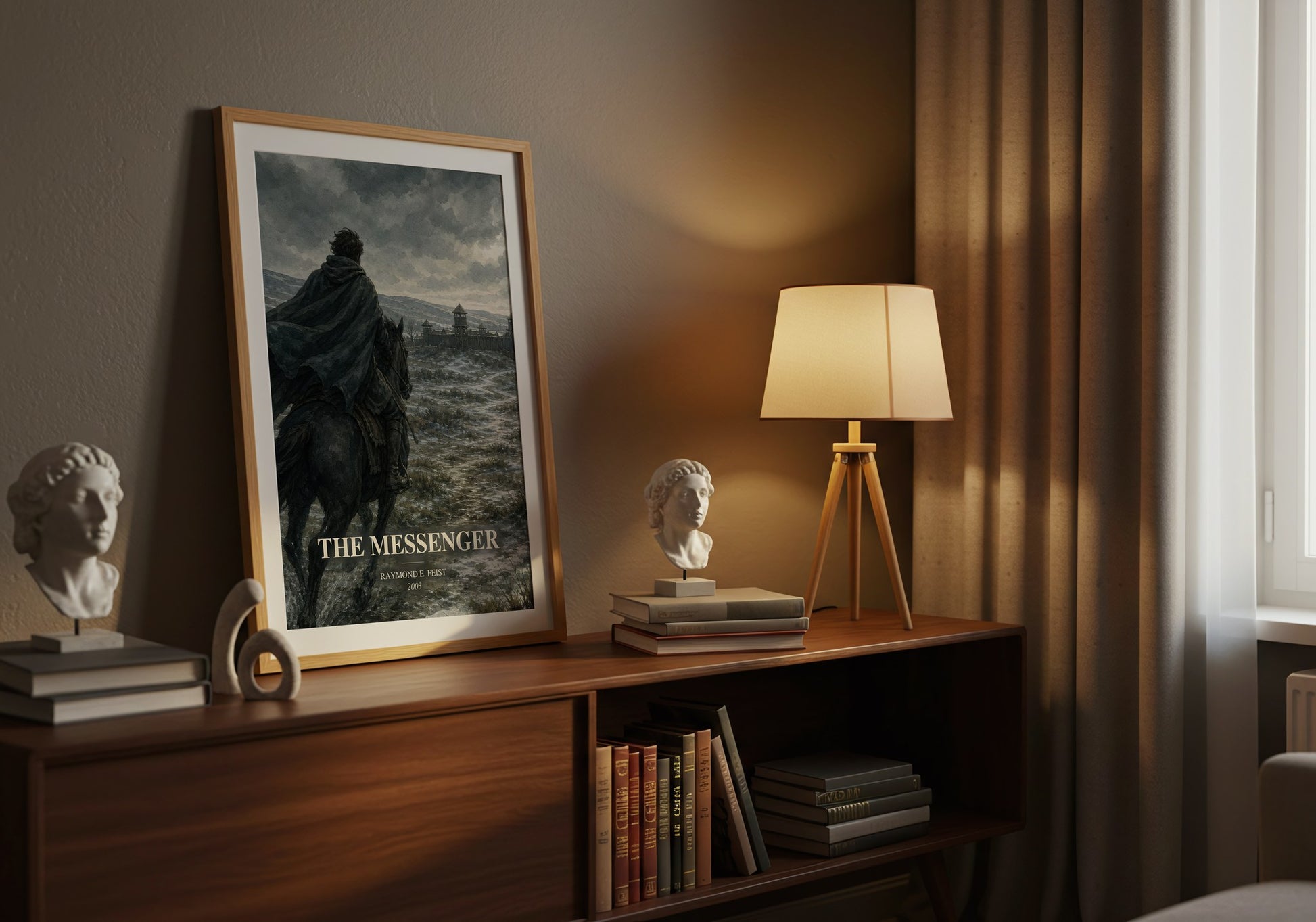 The Messenger watercolour print on bookshelf – Raymond E. Feist fan gift