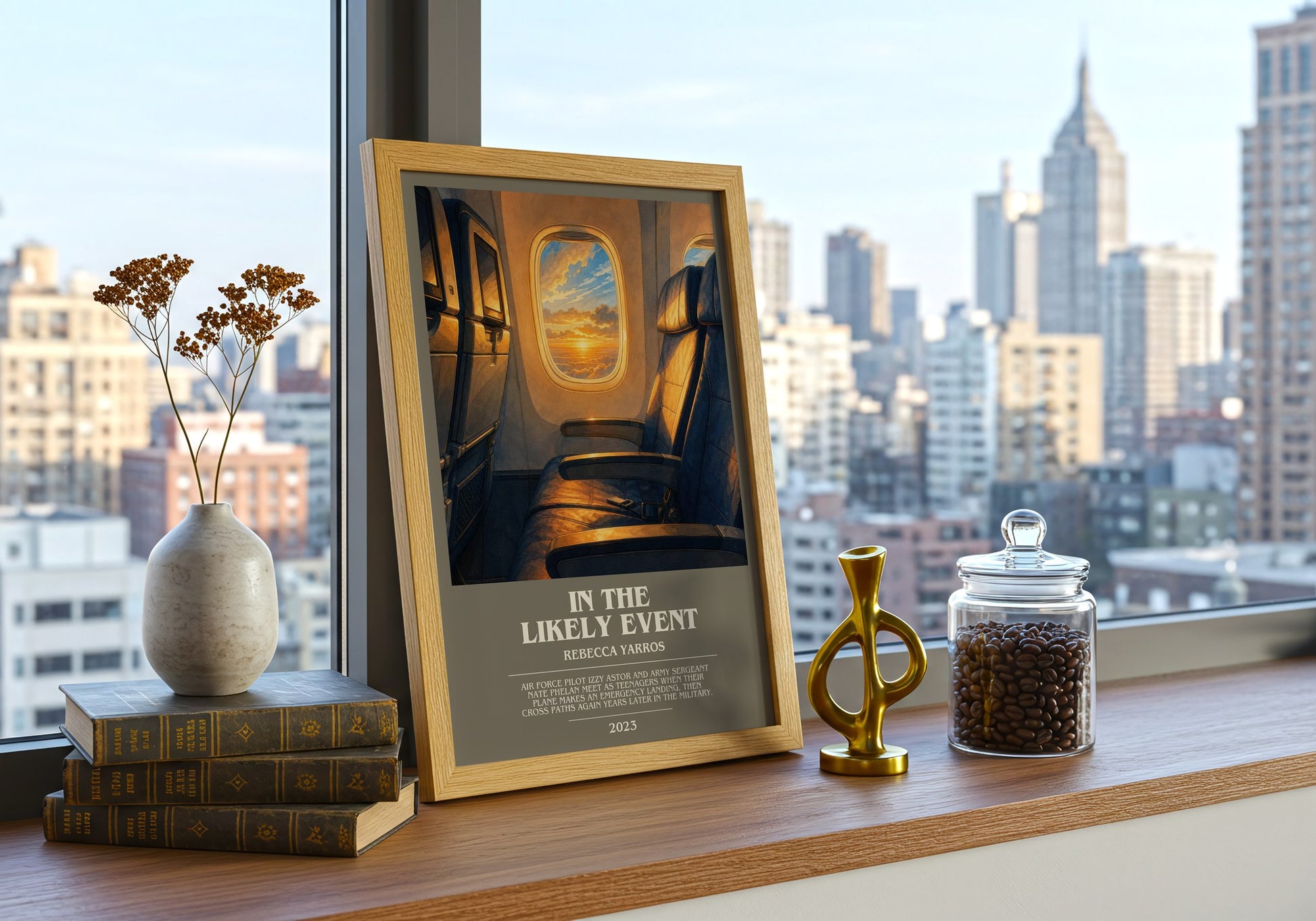 In The Likely Event bookish print framed by window – literary home decor