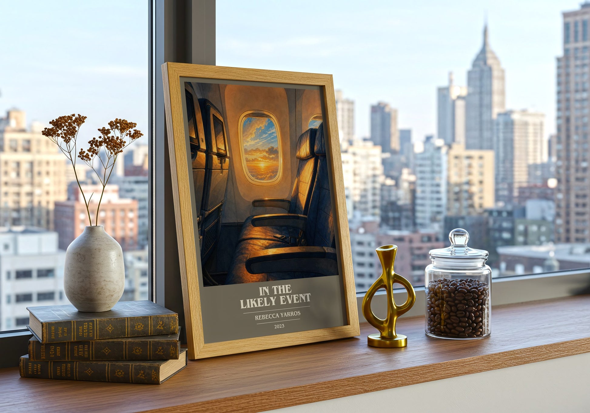 In The Likely Event book cover print framed by window – literary home decor